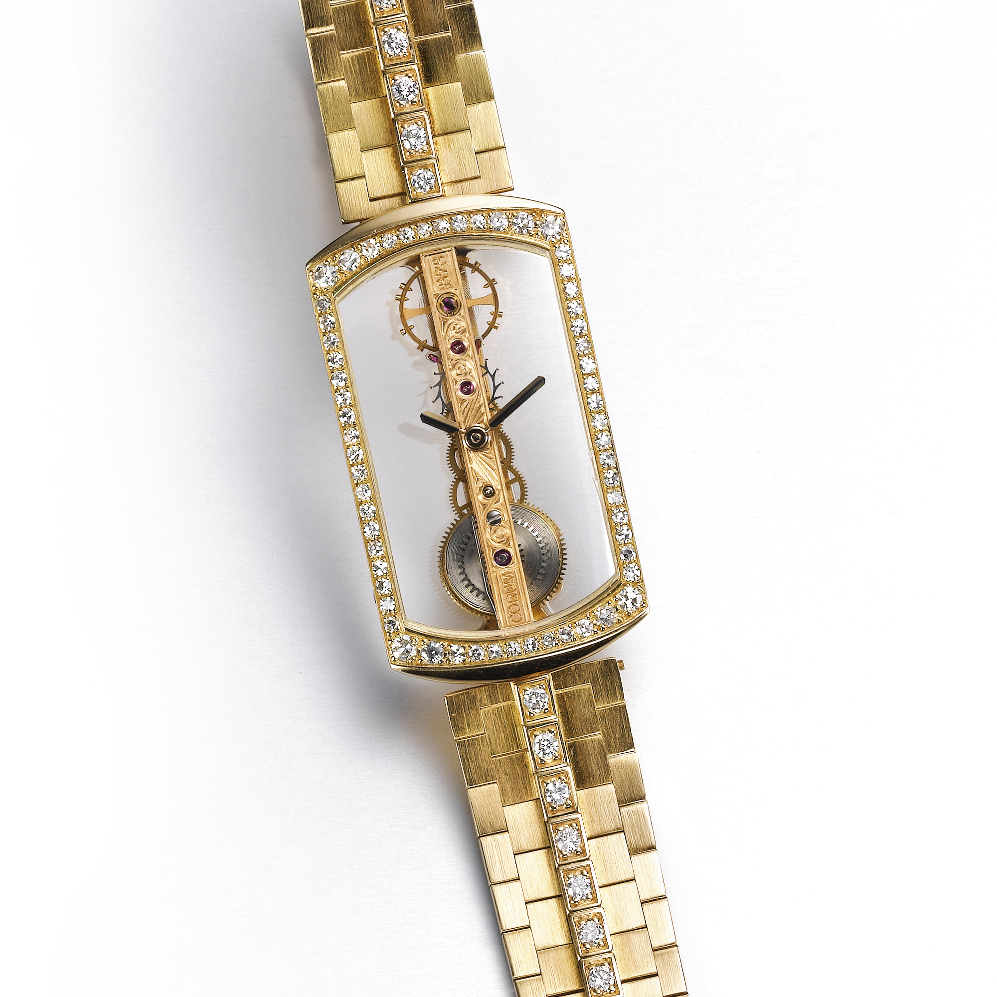 Corum, A FINE GOLD AND DIAMOND-SET RECTANGULAR SKELETIONISED LINEAR MOVEMENT BRACELET WATCH CIRCA 1990  GOLDEN BRIDGE
