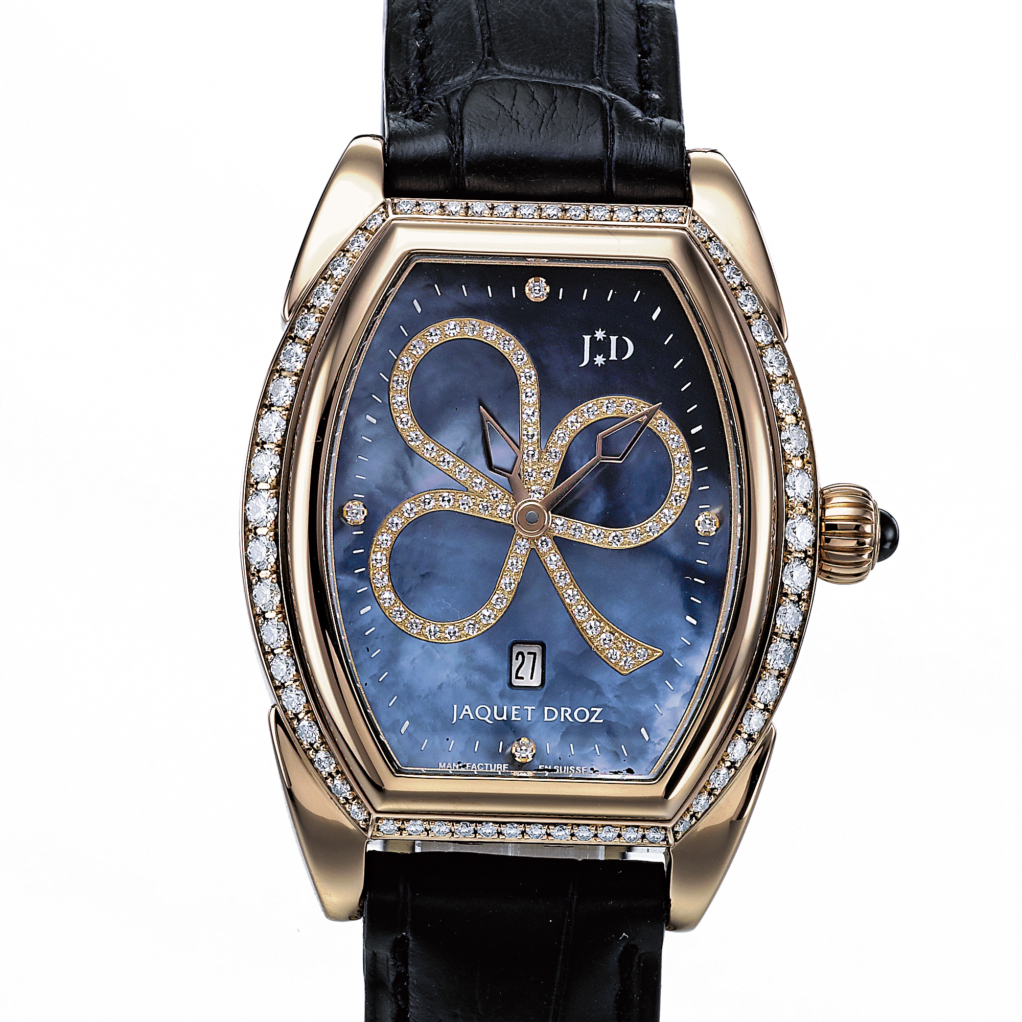 Jaquet Droz, A LADY'S PINK GOLD AND DIAMOND SET TONNEAU-SHAPED AUTOMATIC WRISTWATCH WITH DATE AND MOTHER-OF-PEARL DIALCIRCA 2005  NO 99