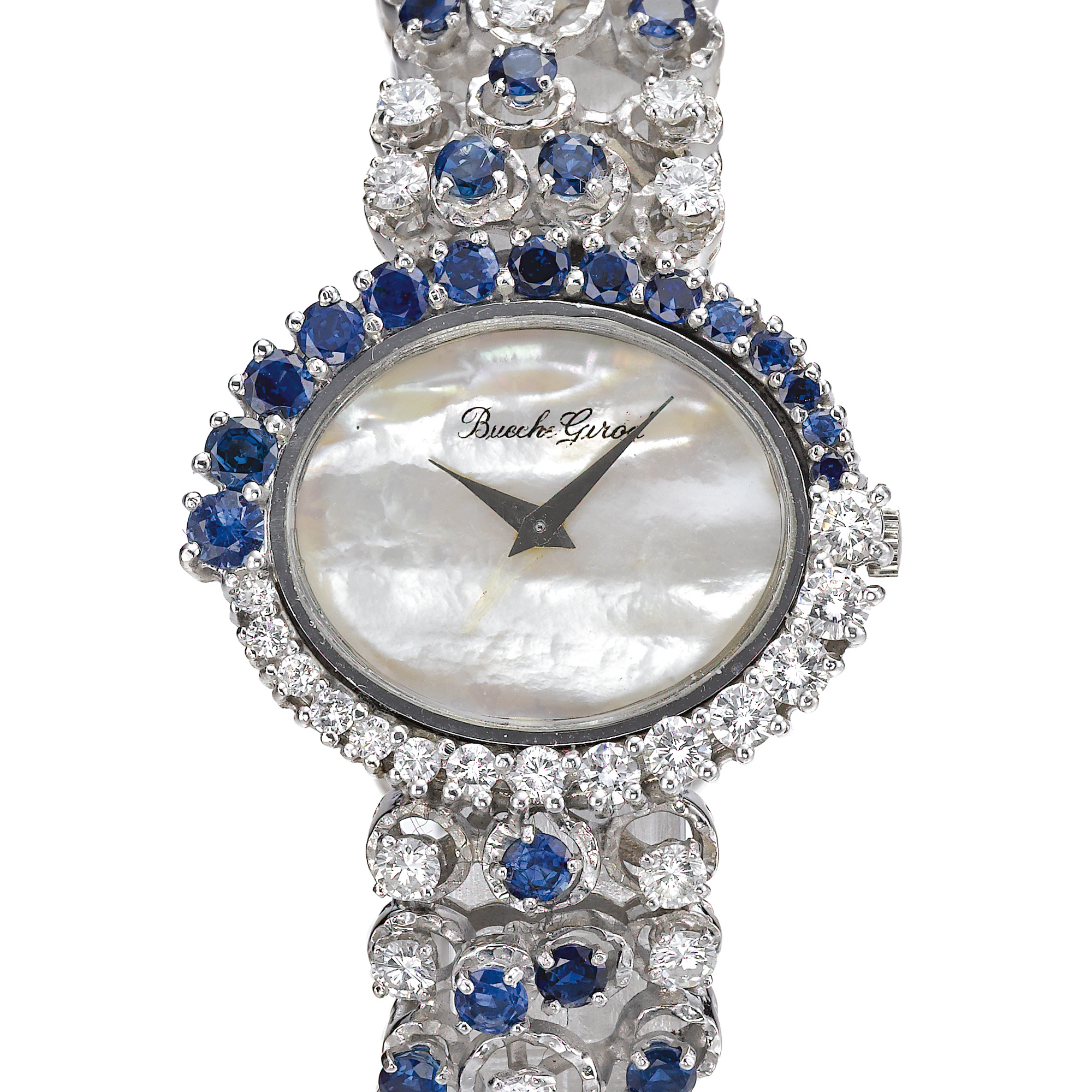 Buche Girod, A LADY'S WHITE GOLD, DIAMOND AND SAPPHIRE SET BRACELET WATCH WITH MOTHER-OF-PEARL DIAL CIRCA 1975
