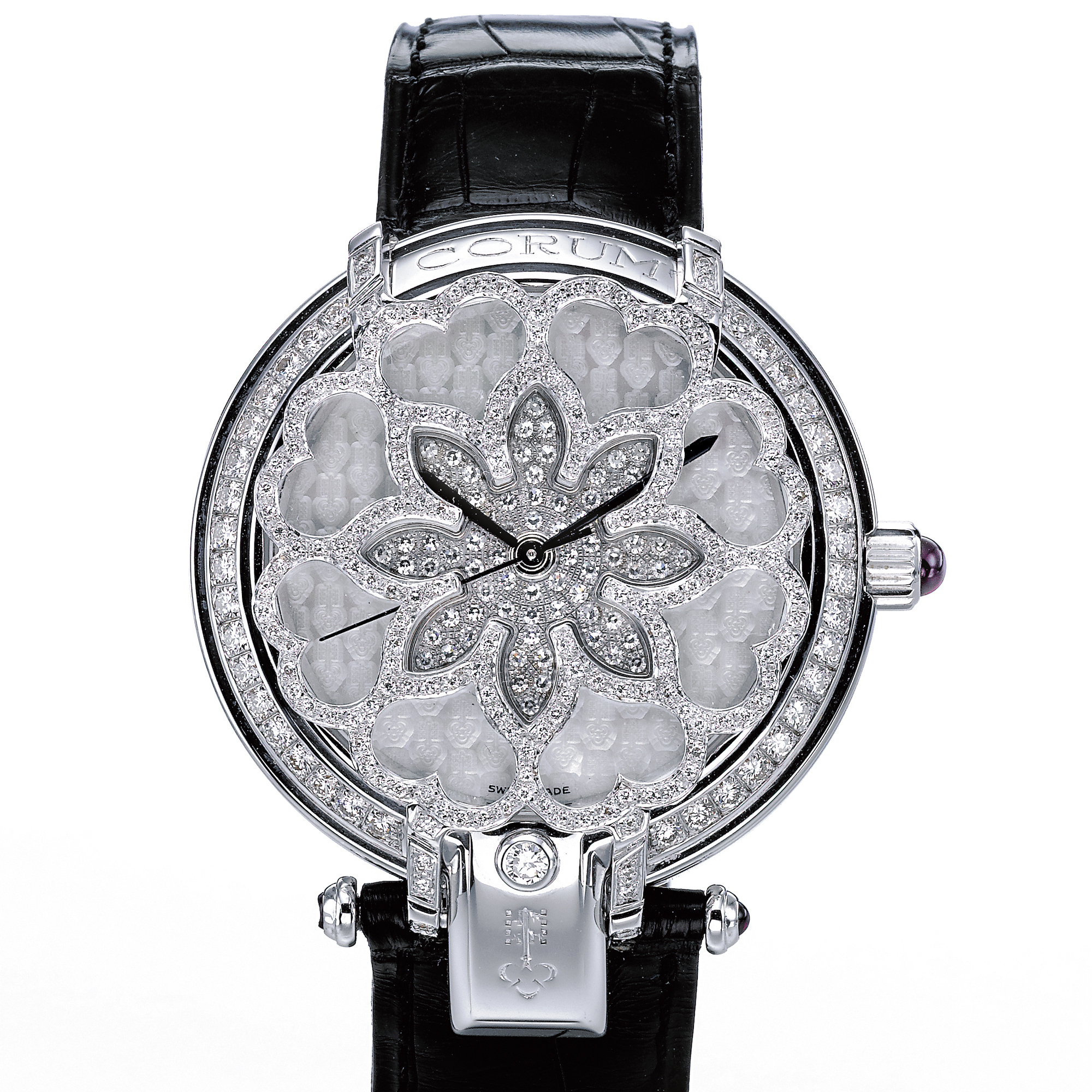 Corum, A LADY'S WHITE GOLD AND DIAMOND SET AUTOMATIC WRISTWATCH WITH ENGRAVED MOTHER-OF-PEARL DIAL, CIRCA 2005