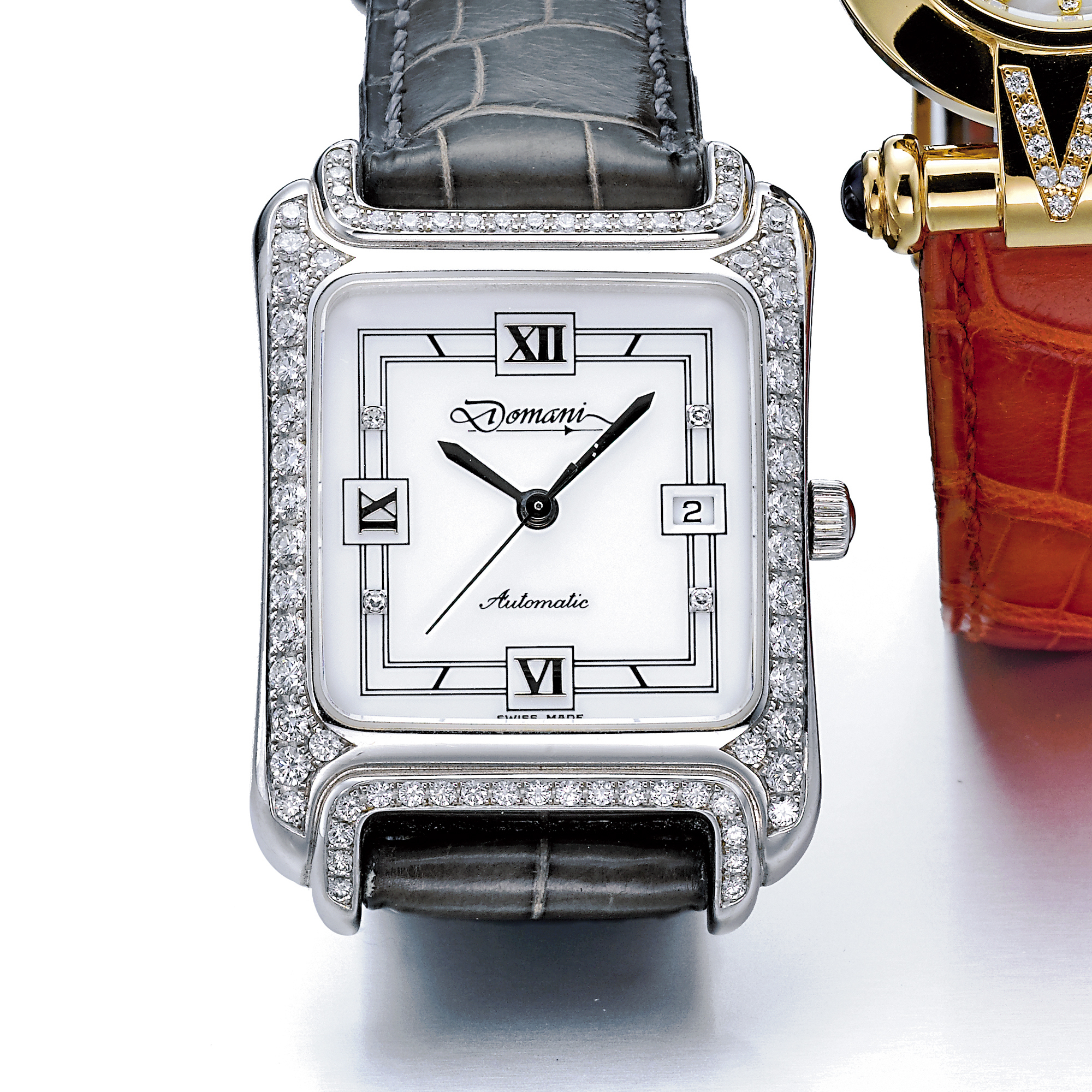 The Royal Diamond, Domani, A LADY'S WHITE GOLD AND DIAMOND SET AUTOMATIC WRISTWATCH WITH DATE CIRCA 1998 A LADY'S GOLD AND DIAMOND SET WRISTWATCH WTIH MOTHER-OF-PEARL DIAL CIRCA 1998 