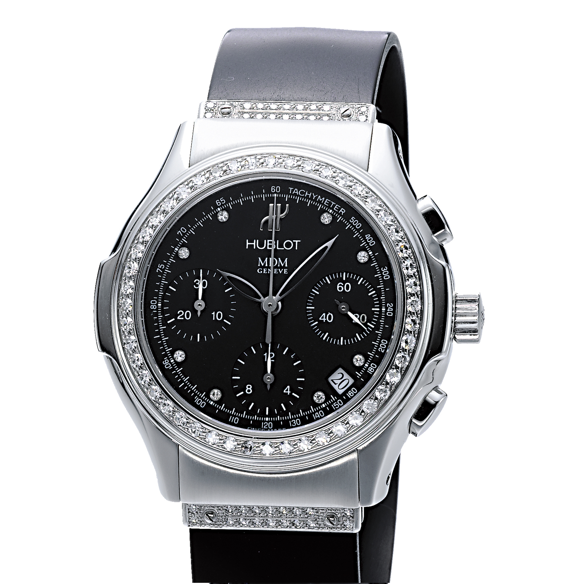 HUBLOT, A LADY'S STAINLESS STEEL AND DIAMOND SET AUTOMATIC CHRONOGRAPH WRISTWATCH WITH DATE AND REGISTERS CIRCA 2002 CHRONO ELEGANT