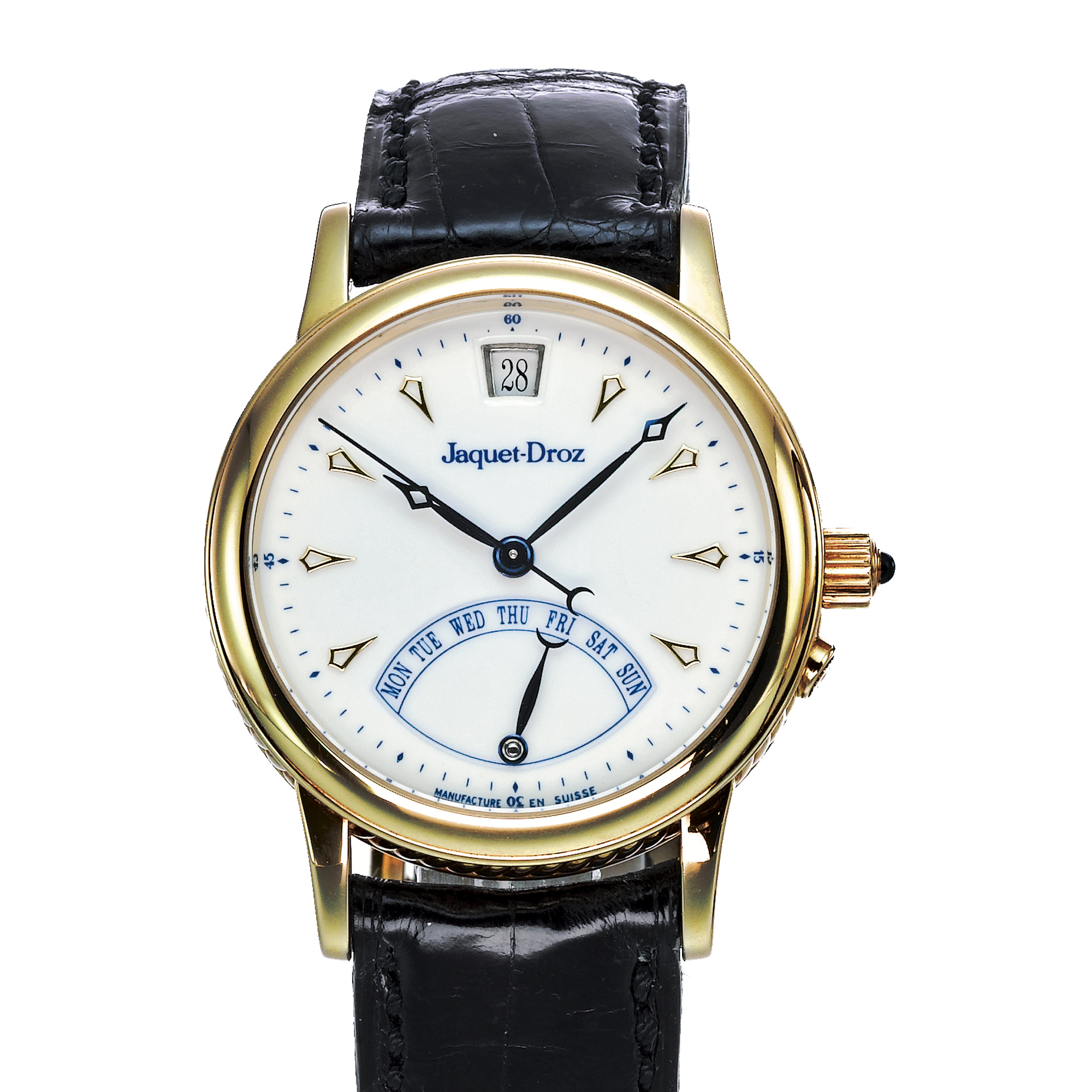 Jaquet Droz, A GOLD AUTOMATIC CENTER SECONDS WRISTWATCH WITH DAY AND DATE INDICATION CIRCA 2000 NO. 597