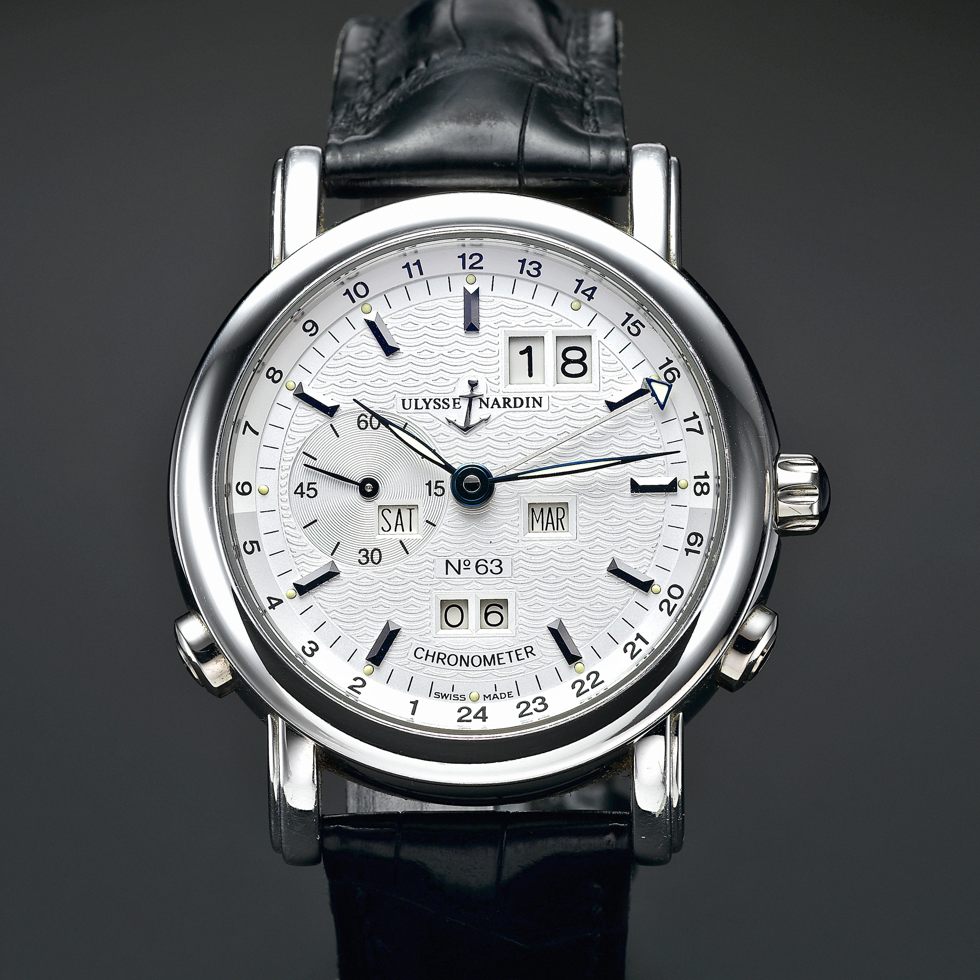 Ulysse Nardin, A PLATINUM AUTOMATIC PERPETUAL CALENDAR DUAL TIME WRISTWATCH WITH OVERSIZED DATE CIRCA 2000 REF 329-80