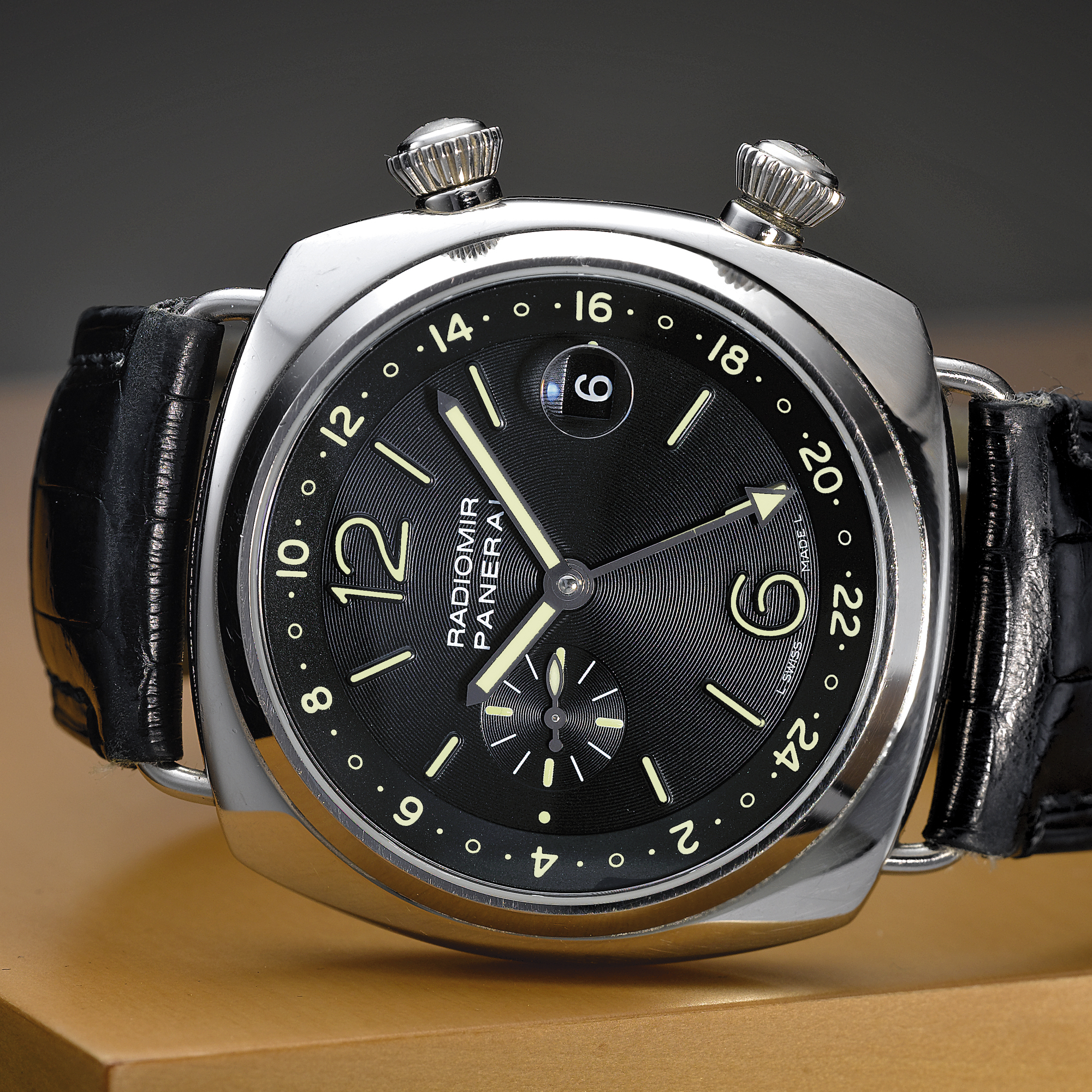 Panerai, A RARE LIMITED EDITION WHITE GOLD CUSHION FORM AUTOMATIC DUAL TIME ZONE WRISTWATCH WITH DATE CIRCA 2006 PAM 8/150
