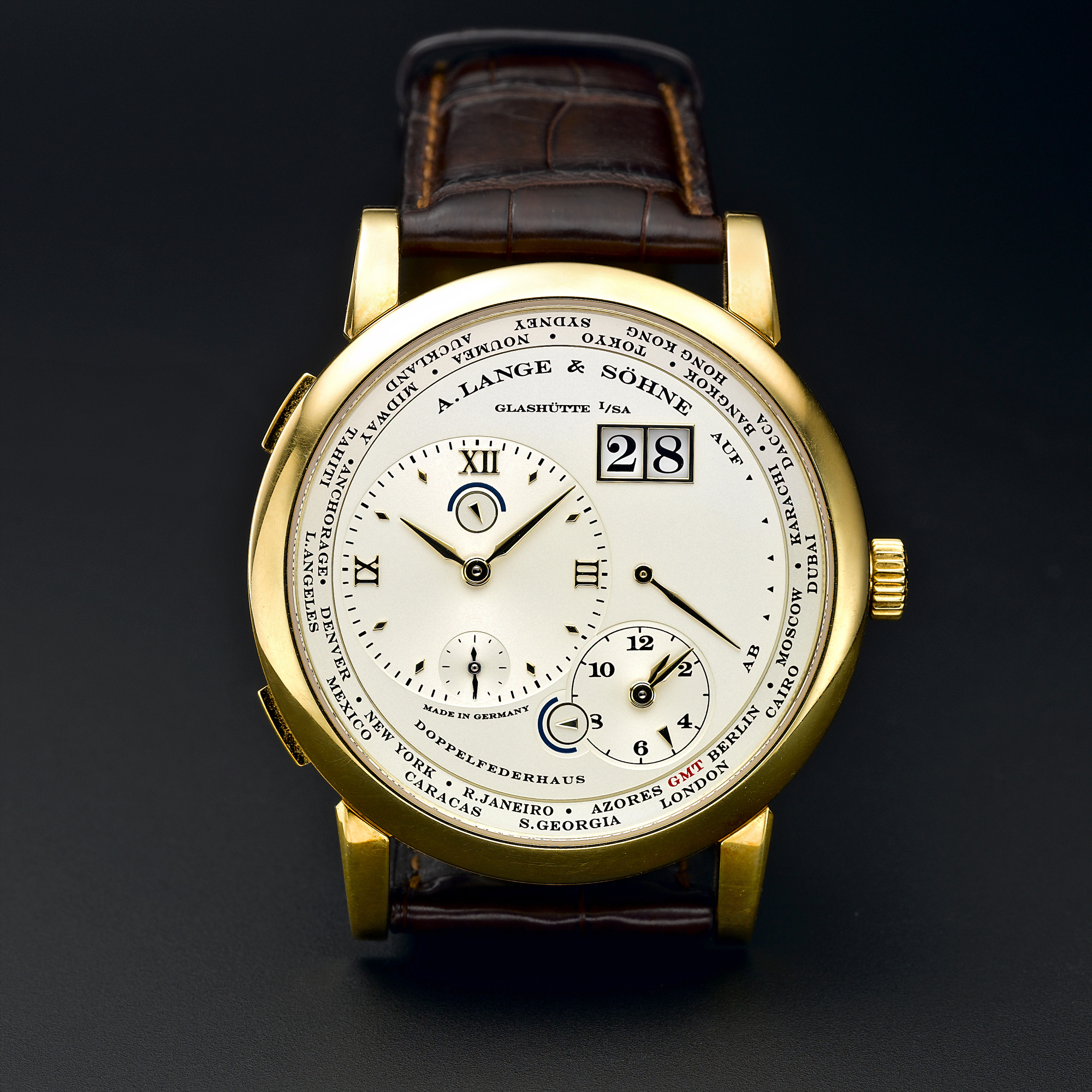 A. Lange & Söhne, A FINE AND RARE GOLD DUAL TIME ZONE AND WORLD TIME WRISTWATCH WITH OVERSIZED DATE, POWER RESERVE AND DAY AND NIGHT INDICATIONCIRCA 2006 LANGE 1 TIME ZONE 
