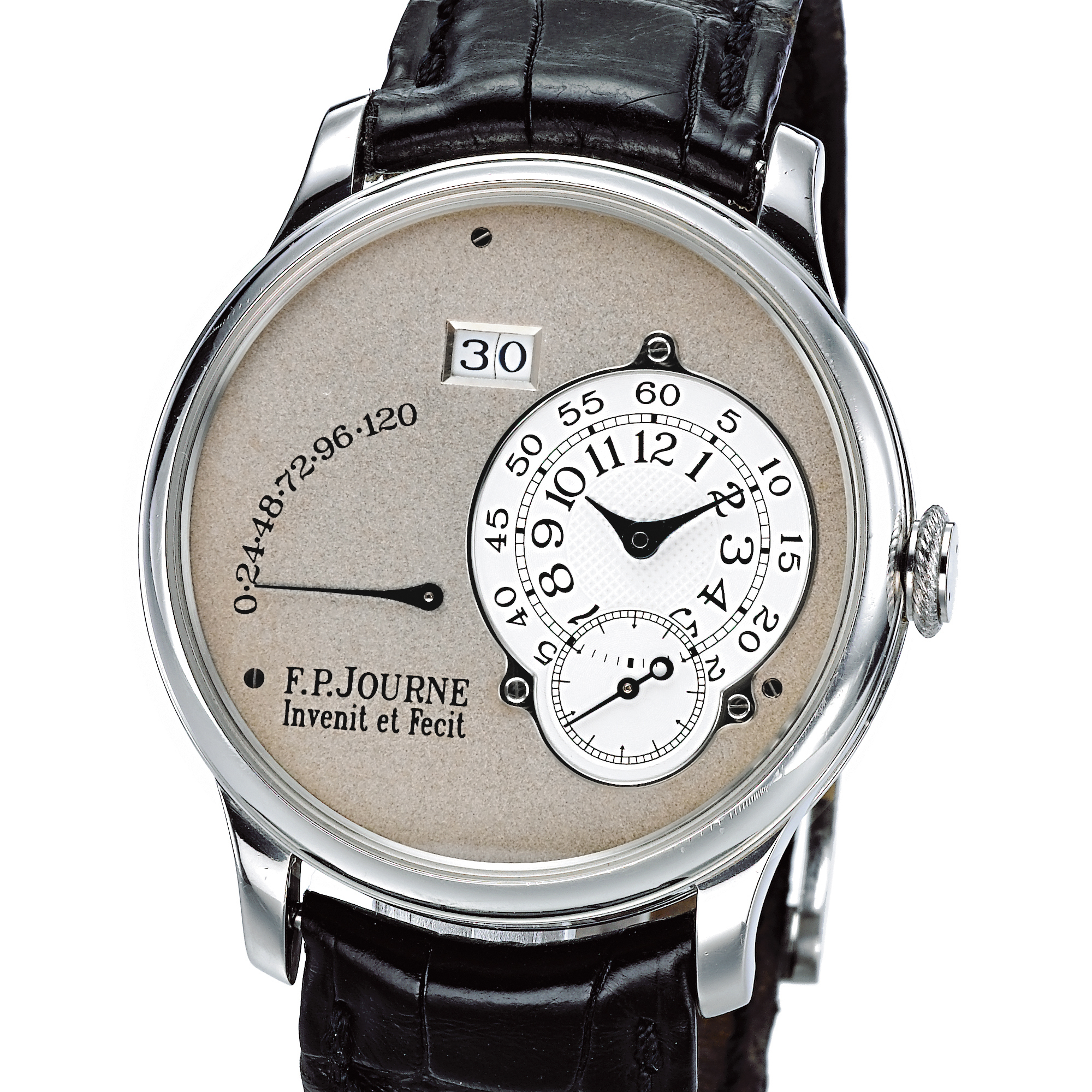 F.P. Journe, A FINE PLATINUM AUTOMATIC WRISTWATCH WITH OVERSIZED DATE AND POWER RESERVE INDICATION CIRCA 2006 OCTA AUTO RESERVE DE MARCHE NO 153-02A