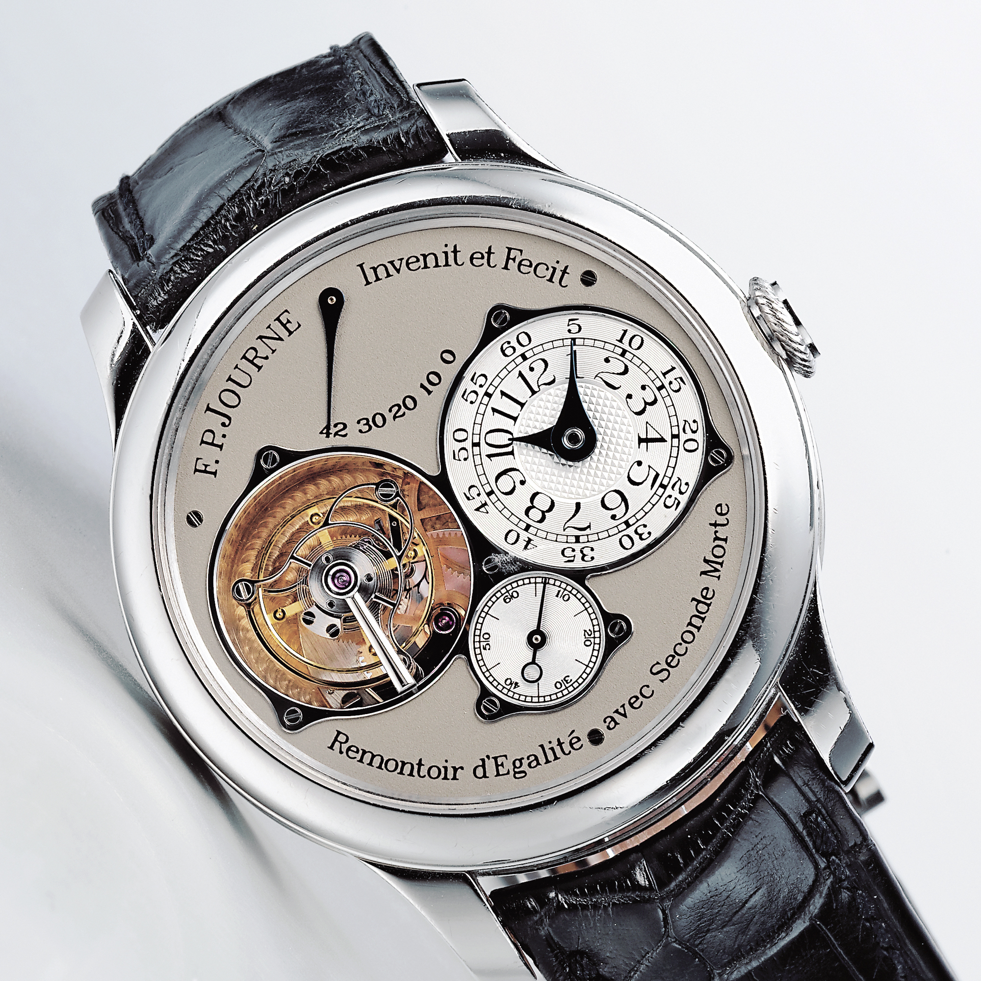 F. P. Journe, A FINE AND OVERSIZED PLATINUM TOURBILLON WRISTWATCH WITH ECCENTRIC DIAL, REMONTOIR, DEAD BEAT SECONDS AND POWER RESERVE INDICATION CIRCA 2004 TOURBILLON SOUVERAIN NO 148-TN