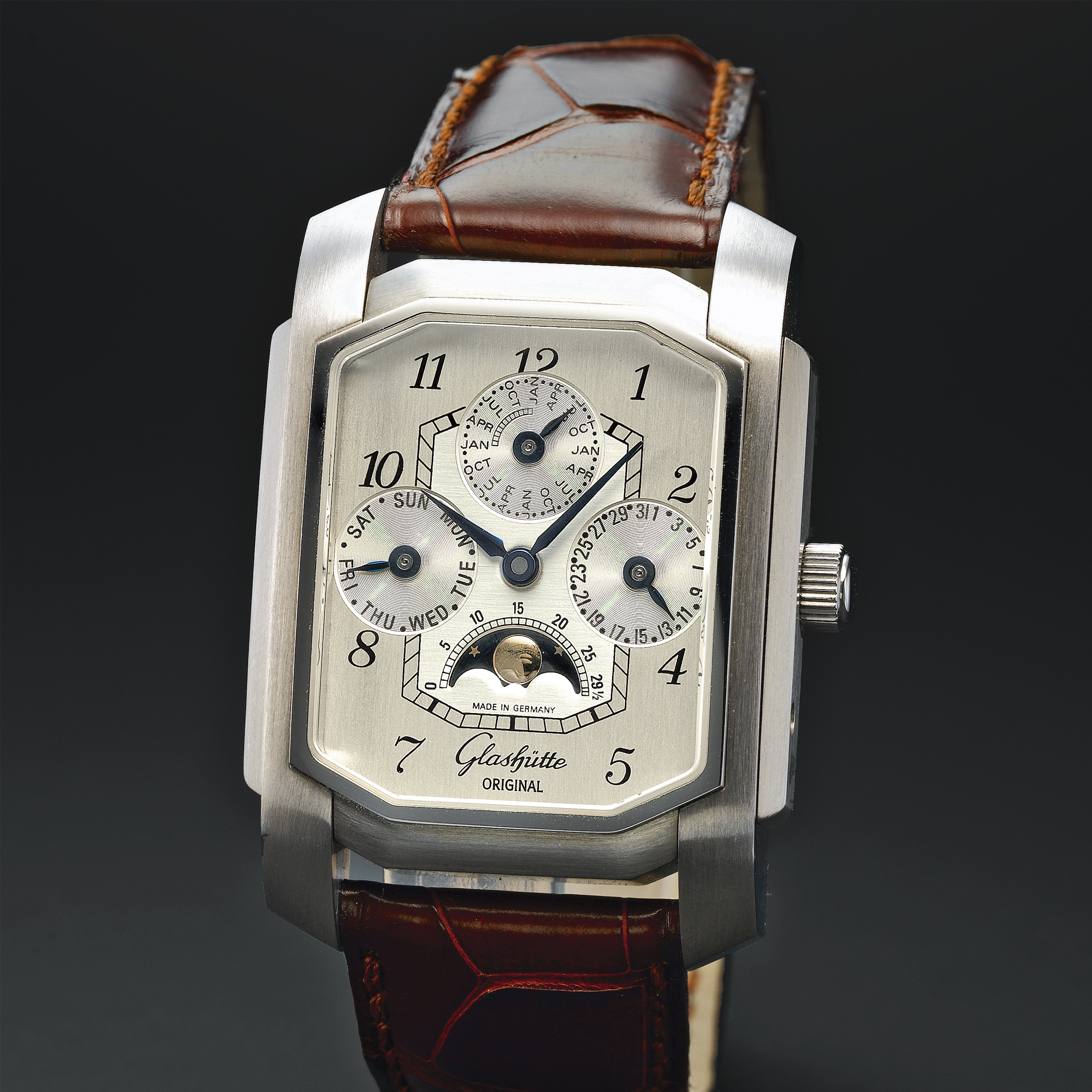 Glashütte Original, A FINE STAINLESS STEEL RECTANGULAR PERPETUAL CALENDAR WRISTWATCH WITH MOON-PHASES CIRCA 2005