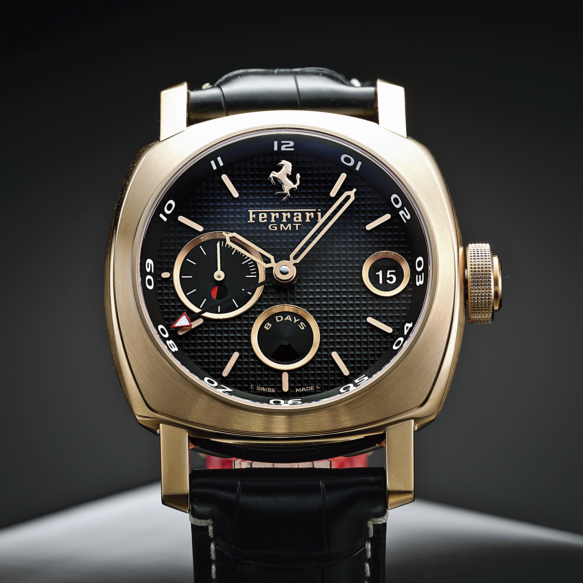 Panerai, A VERY RARE AND OVERSIZED LIMITED EDITION PINK GOLD DUAL TIME ZONE WRISTWATCH WITH 8-DAY POWER RESERVE INDICATION CIRCA 2006 FER 00007 FERRARI NO 075/300