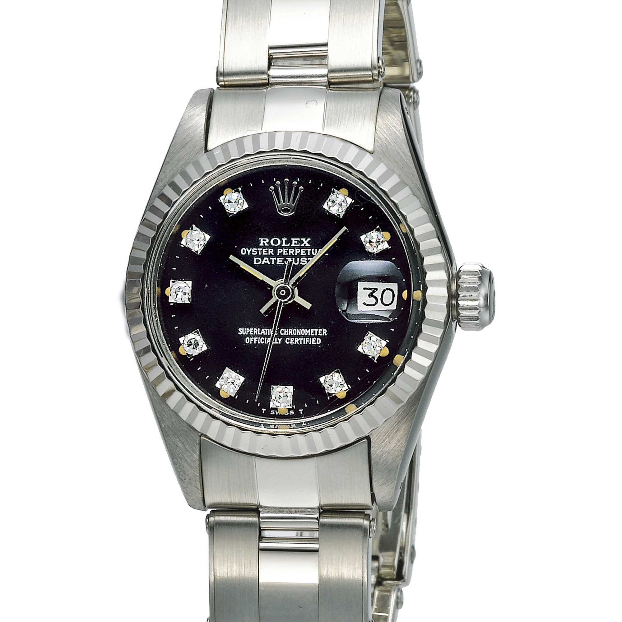 Rolex, A LADY'S WHITE GOLD AND DIAMOND SET AUTOMATIC CENTER SECONDS WRISTWATCH WITH DATE AND BRACELET CIRCA 1977 REF 6917 OYSTER PERPETUAL DATEJUST