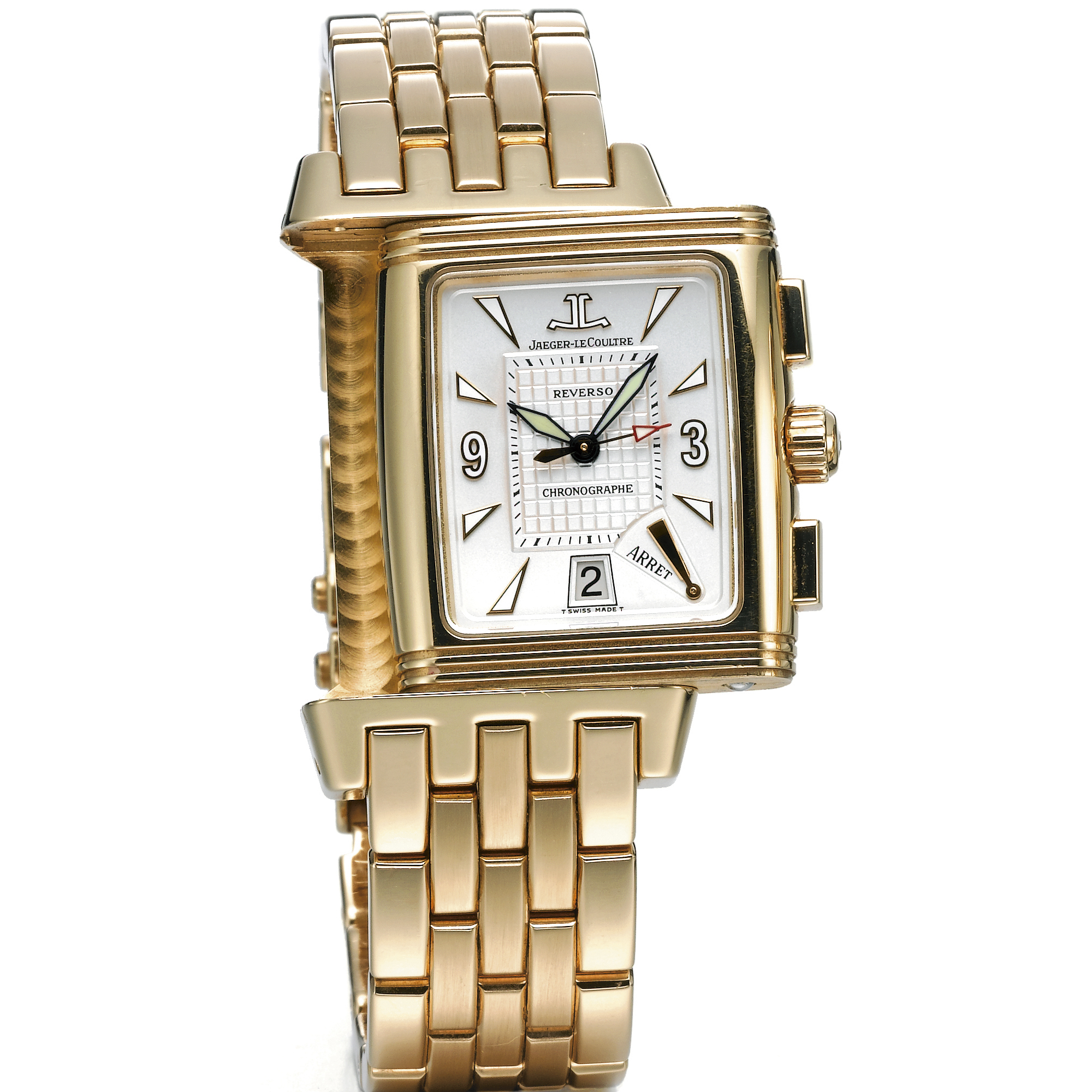 Jaeger Lecoultre, A GOLD RECTANGULAR REVERSIBLE DUAL-DIAL CHRONOGRAPH BRACELET WATCH WITH RETROGRADE 30-MINUTE REGISTER AND DATE CIRCA 2000 REVERSO