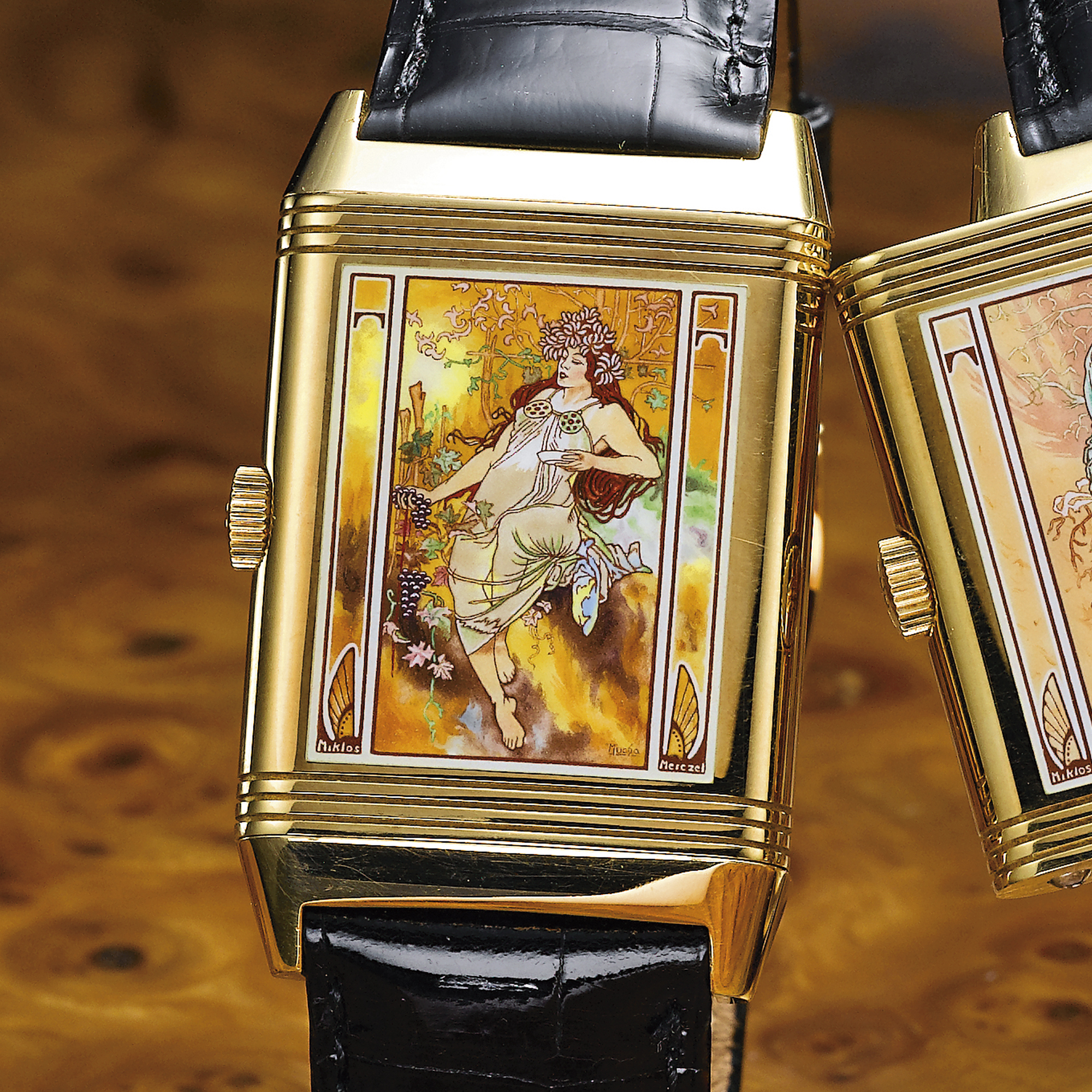 JAEGER-LECOULTRE, A FINE AND RARE LIMITED EDITION SET OF FOUR GOLD AND ENAMEL RECTANGULAR REVERSIBLE WRISTWATCHES CIRCA 2000 REVERSO THE FOUR SEASONS NO 13/25