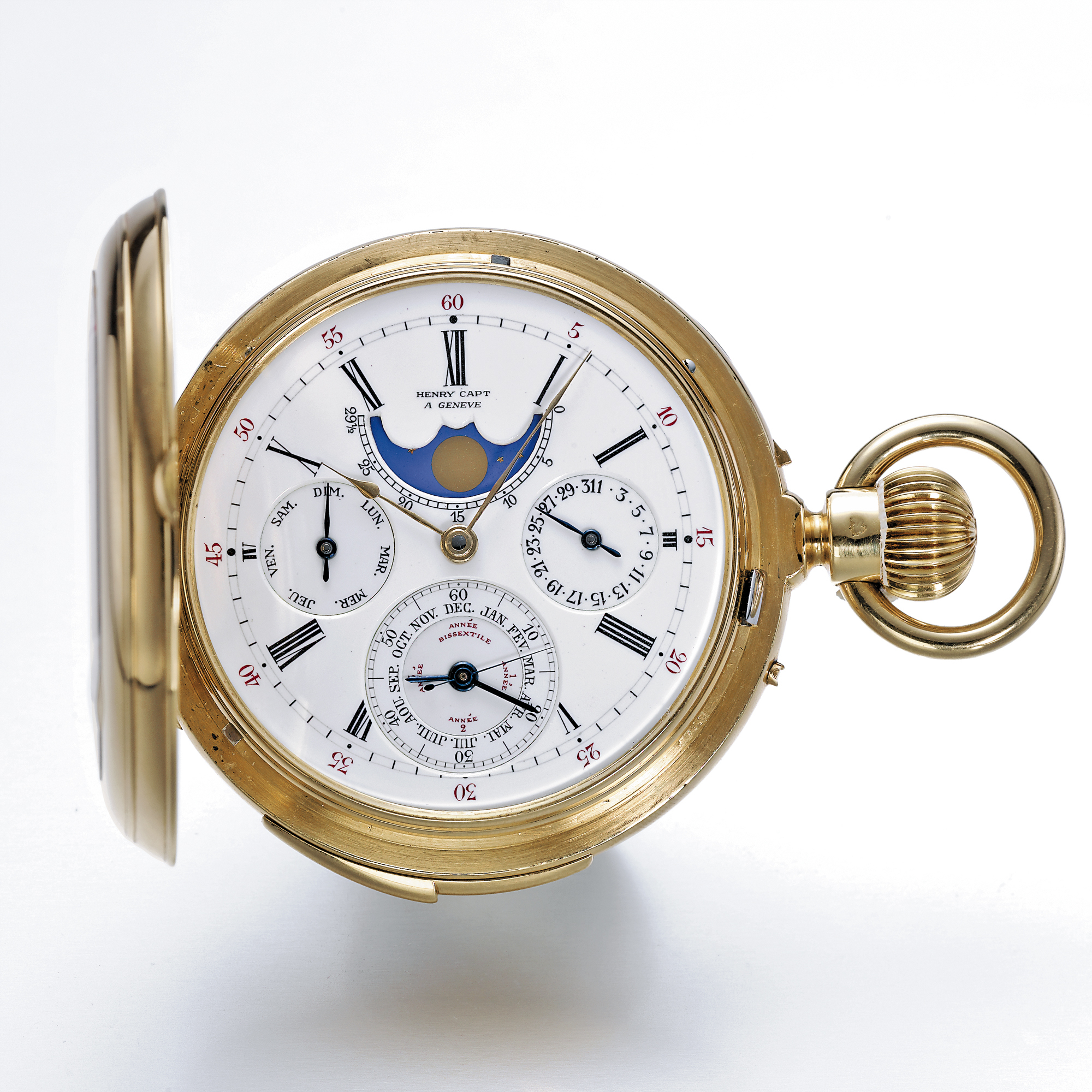 Henry Capt, A FINE GOLD  MINUTE REPEATING PERPETUAL CALENDAR KEYLESS LEVER HUNTER CASED WATCH WITH LEAP YEAR INDICATION AND MOON-PHASES CIRCA 1890 MVT 30562
