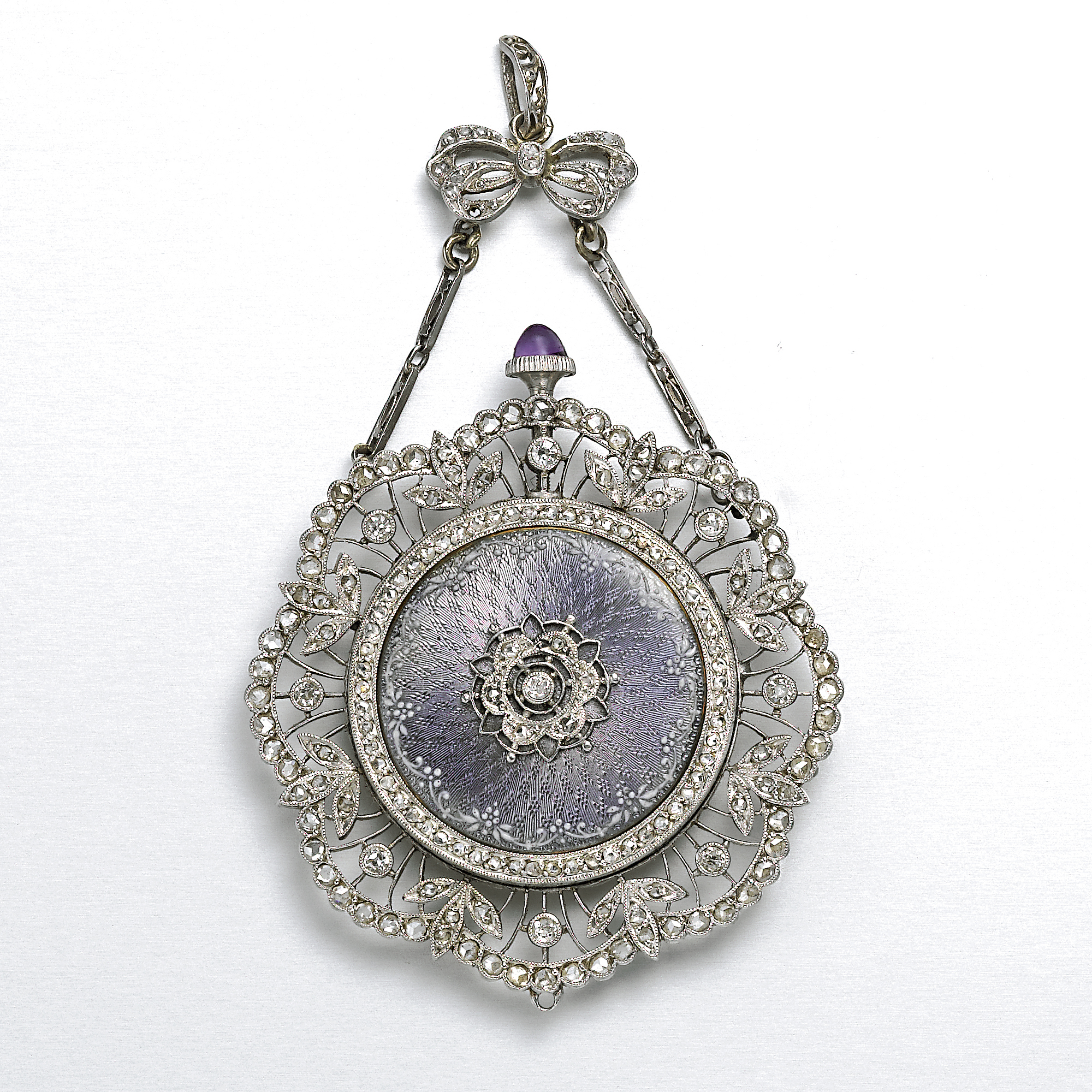 Unsigned, A SET OF TWO LADY'S PLATINUM AND DIAMOND SET ENAMEL WATCHESA LADY'S PLATINUM DIAMOND SET ENAMEL PENDANT WATCHCIRCA 1920 CASE 16586A LADY'S PLATINUM DIAMOND SET ENAMEL BROOCH WATCHCIRCA 1920 
