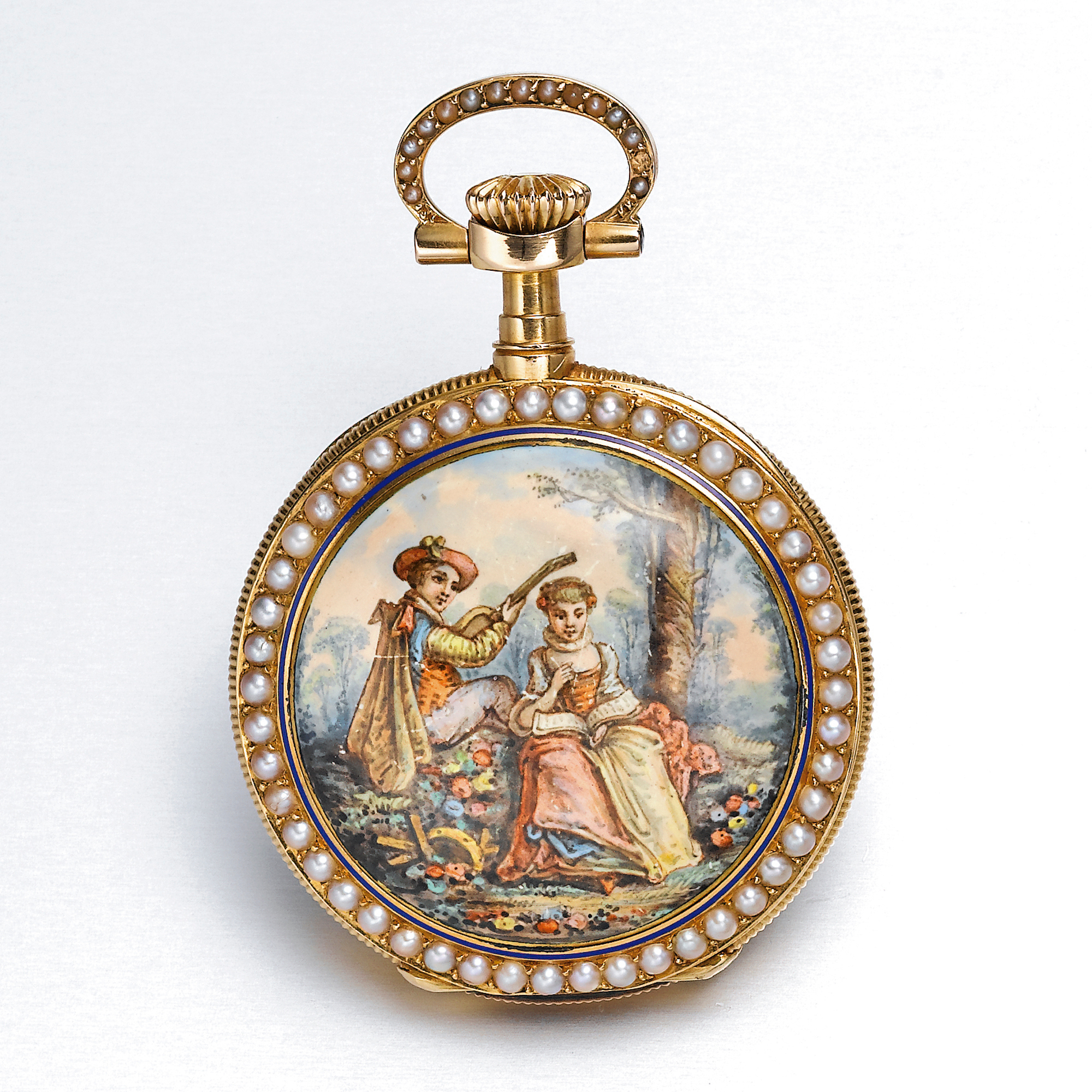 Patek Philippe, RETAILED BY WRIGHT KAY & CO. DETROIT: A LADY'S FINE AND RARE GOLD, NATURAL PEARL AND ENAMEL KEYLESS LEVER OPEN-FACED WATCHCIRCA 1890 MVT 85033 CASE 204171