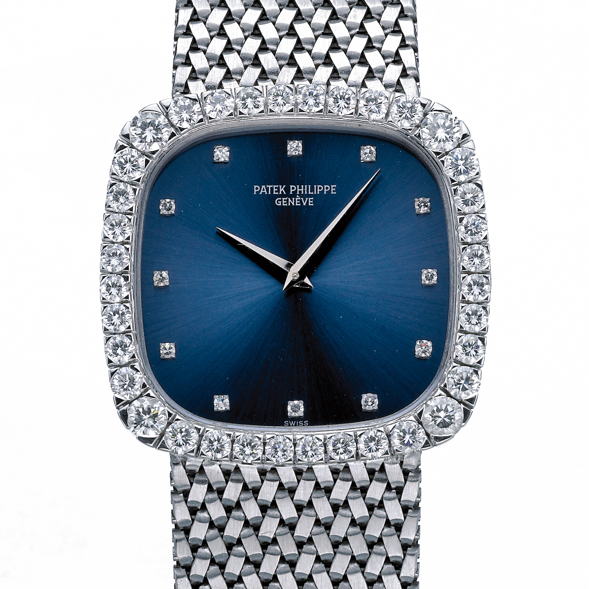 Patek Philippe, A WHITE GOLD DIAMOND SET CUSHION FORM BRACELET WATCH CIRCA 1975 REF 3616/1G MVT 1365080 CASE 2781867 
