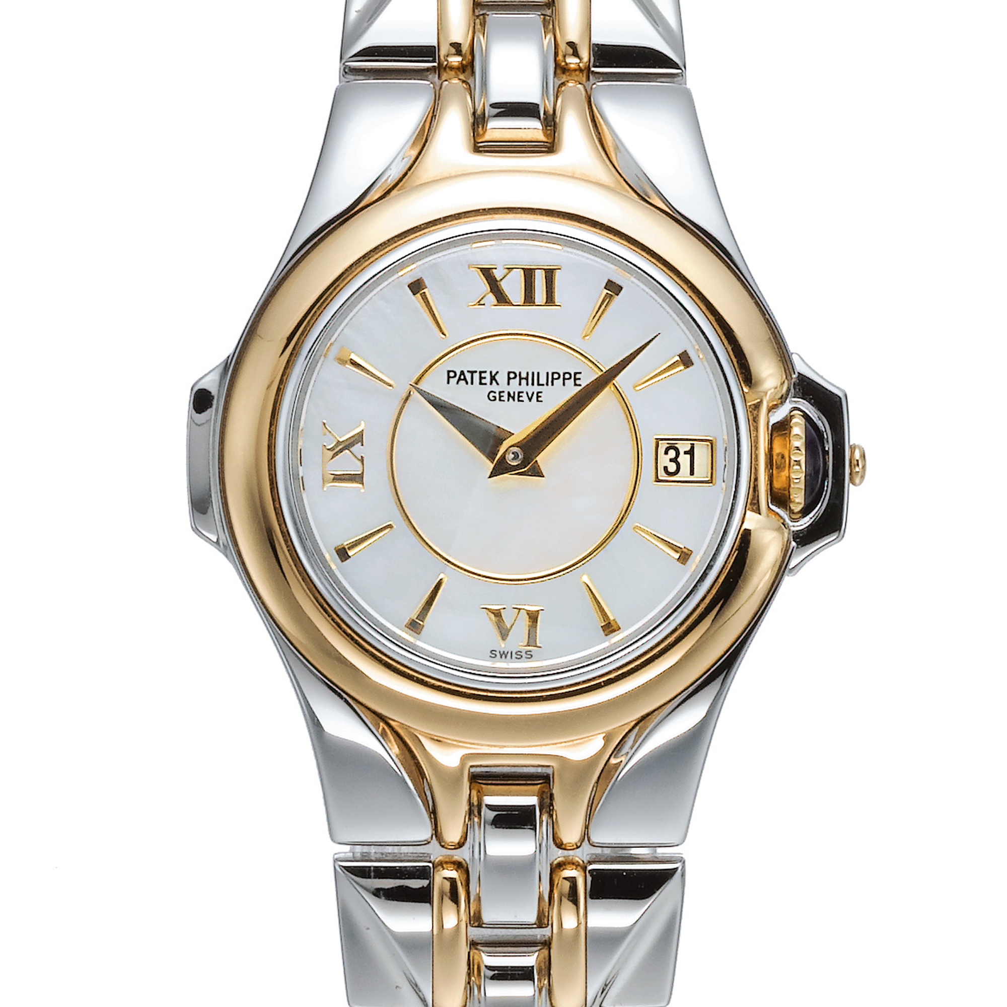 PATEK PHILIPPE, A LADY'S GOLD AND STAINLESS STEEL BRACELET WATCH WITH DATE AND MOTHER-OF-PEARL DIAL SCULPTURE CIRCA 2000 REF 4891/1JA MVT 3160513 CASE 4006534