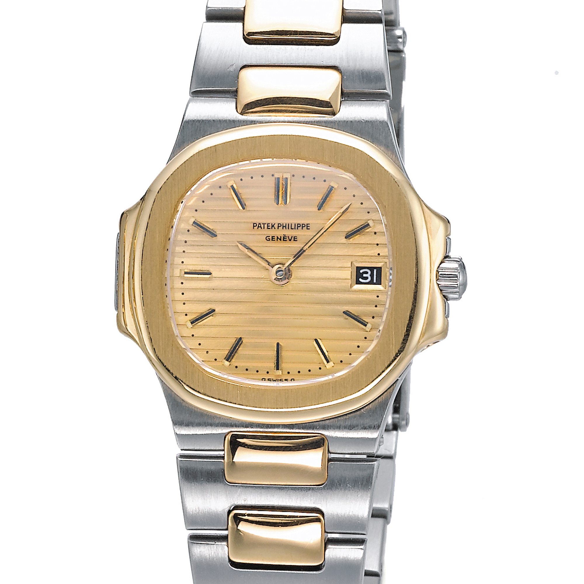 PATEK PHILIPPE, A GOLD AND STAINLESS STEEL AUTOMATIC CENTER SECONDS WRISTWATCH WITH DATE AND BRACELETCIRCA 1980 REF 3800/1JA NAUTILUS 