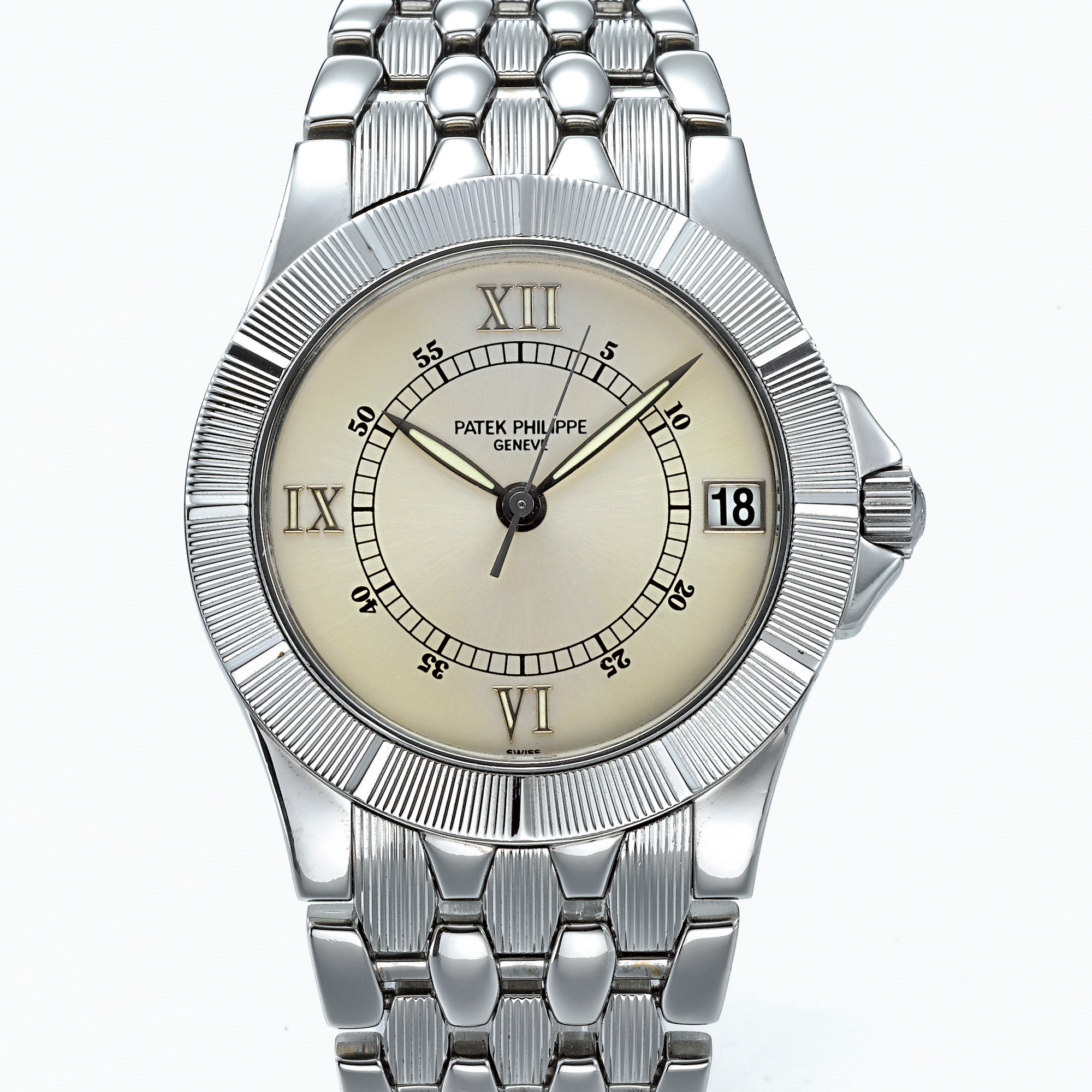 Patek Philippe, A STAINLESS STEEL AUTOMATIC CENTER SECONDS BRACELET WATCH WITH DATE CIRCA 1999 REF 5080-1A NEPTUNE