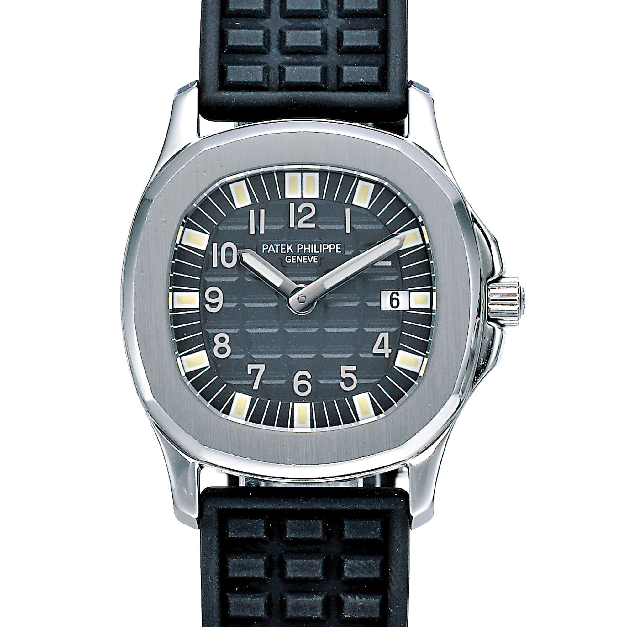 Patek Philippe, A LADY'S STAINLESS STEEL CUSHION FORM WRISTWATCH WITH DATE CIRCA 2000 REF 4960A AQUANAUT