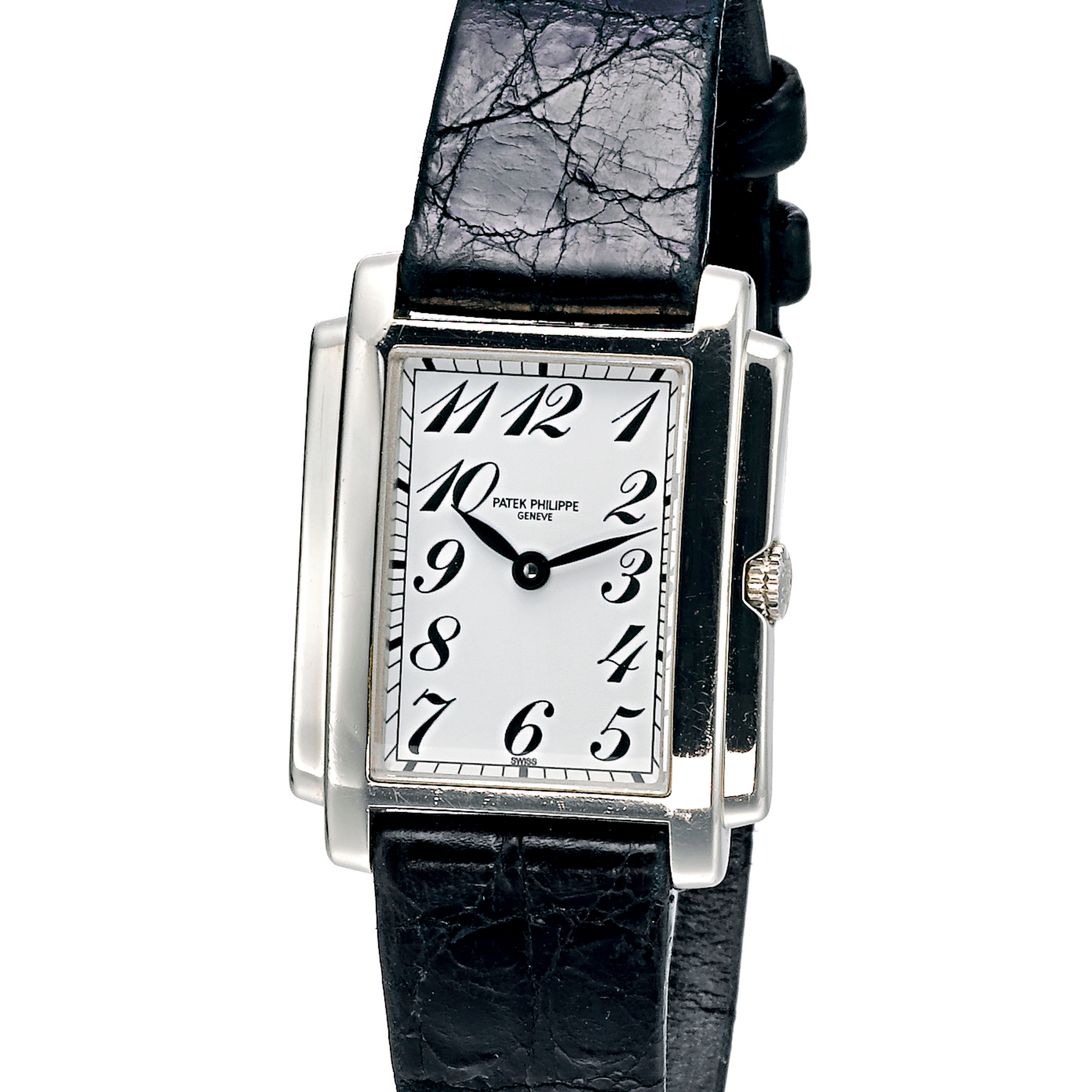 Patek Philippe, A WHITE GOLD RECTANGULAR WRISTWATCH WITH BLACK DIAL CIRCA 2005 REF 5014G GONDOLO MVT 1852063 CASE 2989150