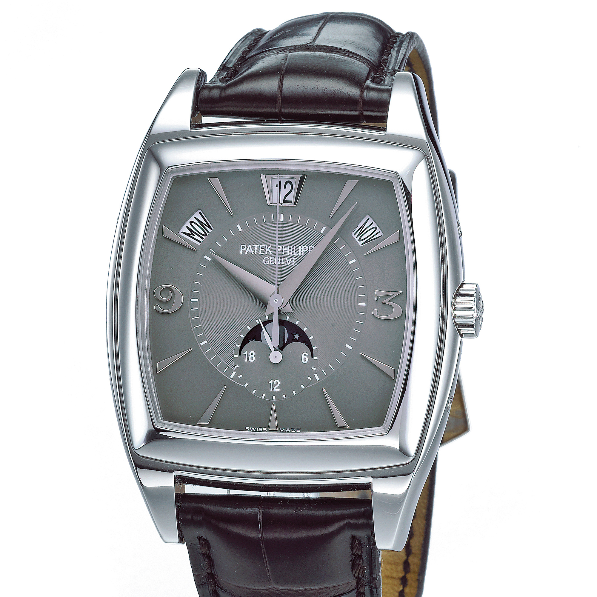 Patek Philippe, A FINE CUSHION FORM WHITE GOLD AUTOMATIC CENTER SECONDS ANNUAL CALENDAR WRISTWATCH WITH MOON PHASES AND 24-HOUR INDICATION CIRCA 2005 REF 5135G-001 GONDOLO CALENDARIO MVT 3424444