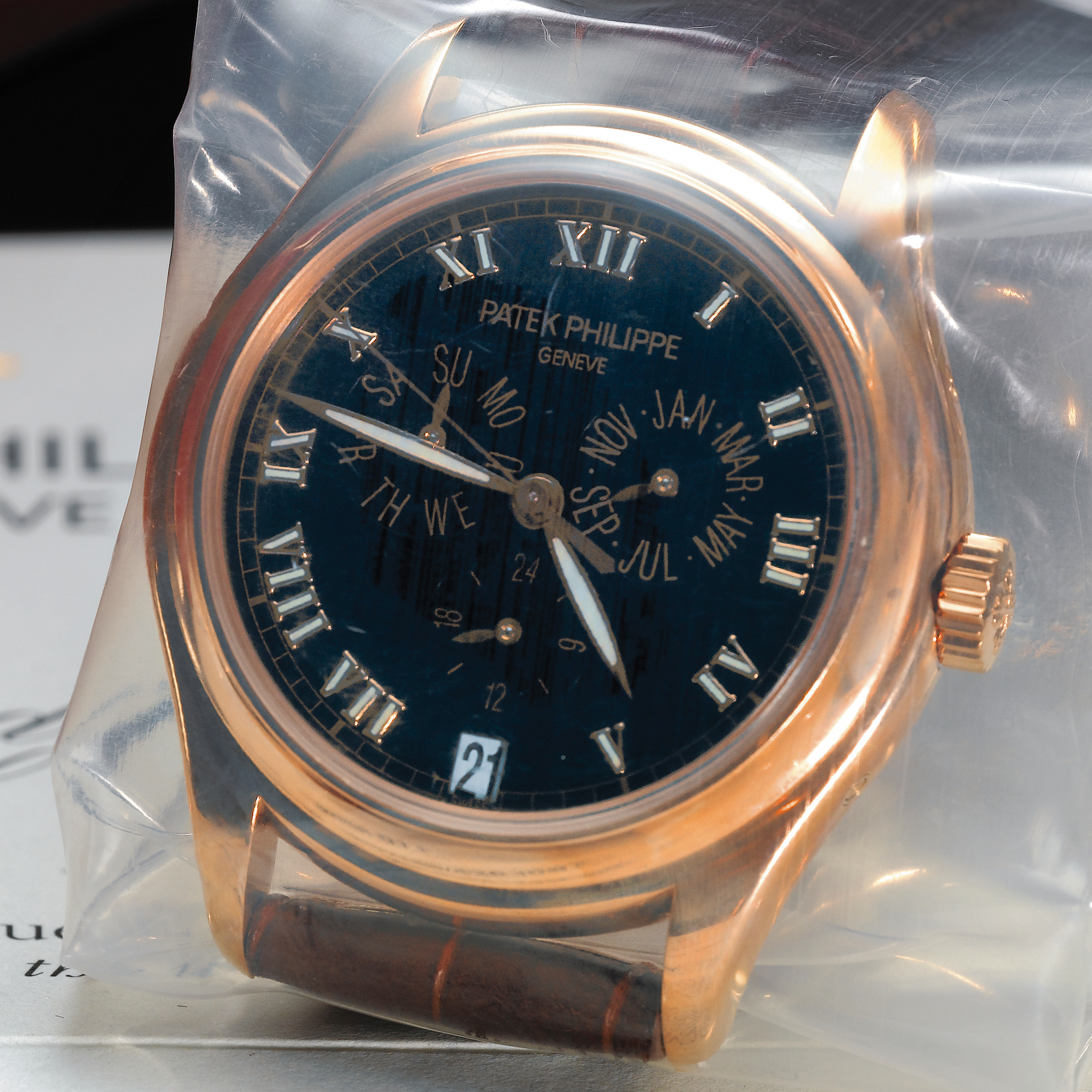 Patek Philippe, A FINE PINK GOLD AUTOMATIC CENTER SECONDS ANNUAL CALENDAR WRISTWATCH CIRCA 2004 REF 5035R-011 MVT 3137165 CASE 4263067
 