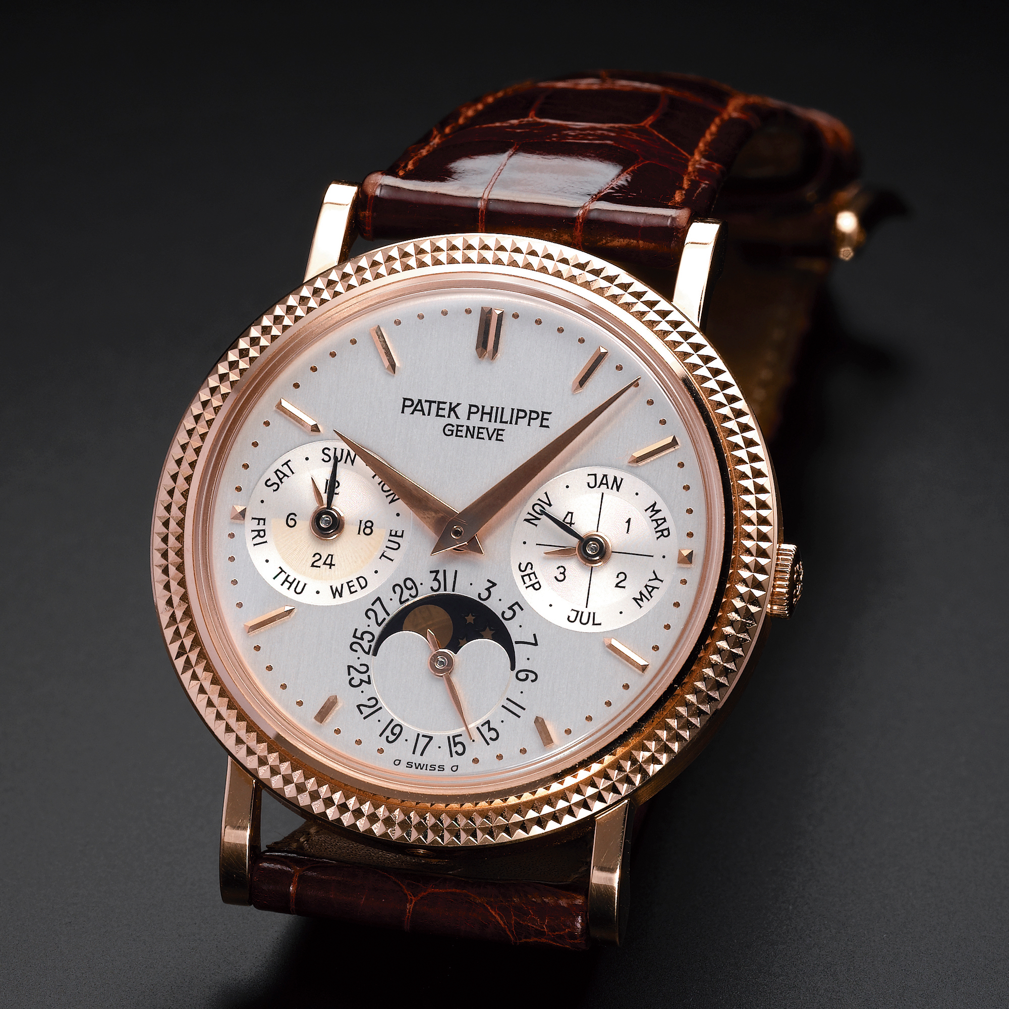 Patek Philippe, A FINE PINK GOLD AUTOMATIC PERPETUAL CALENDAR WRISTWATCH WITH MOON-PHASES AND 24-HOUR AND LEAP YEAR INDICATION CIRCA 1998 REF 5039 MVT 775828
