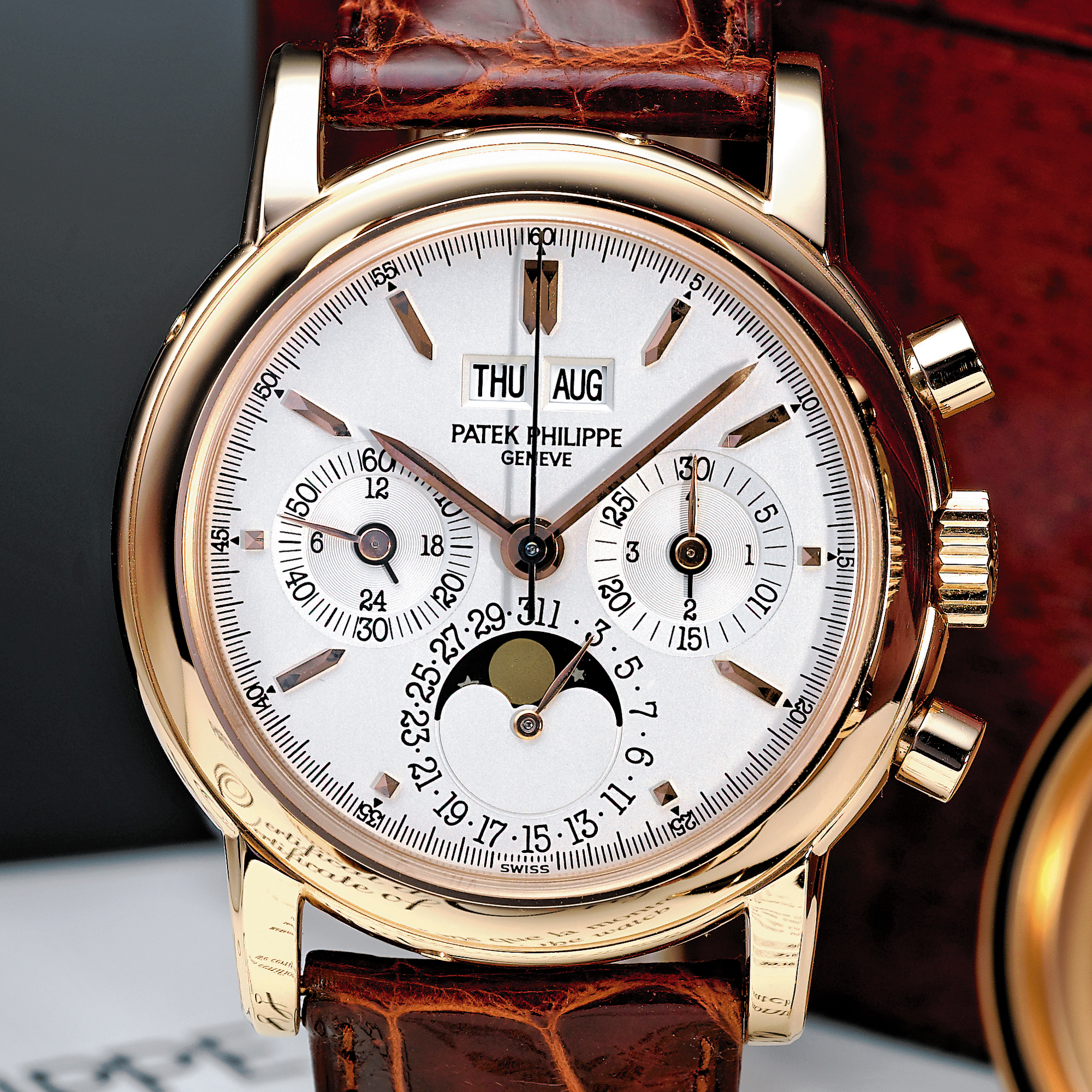 Patek Philippe, A FINE AND RARE PINK GOLD PERPETUAL CALENDAR CHRONOGRAPH WRISTWATCH WITH REGISTER AND MOON-PHASES, 24-HOUR AND LEAP YEAR INDICATION CIRCA 1993 REF 3970ER  MVT 3045492 CASE 2994081