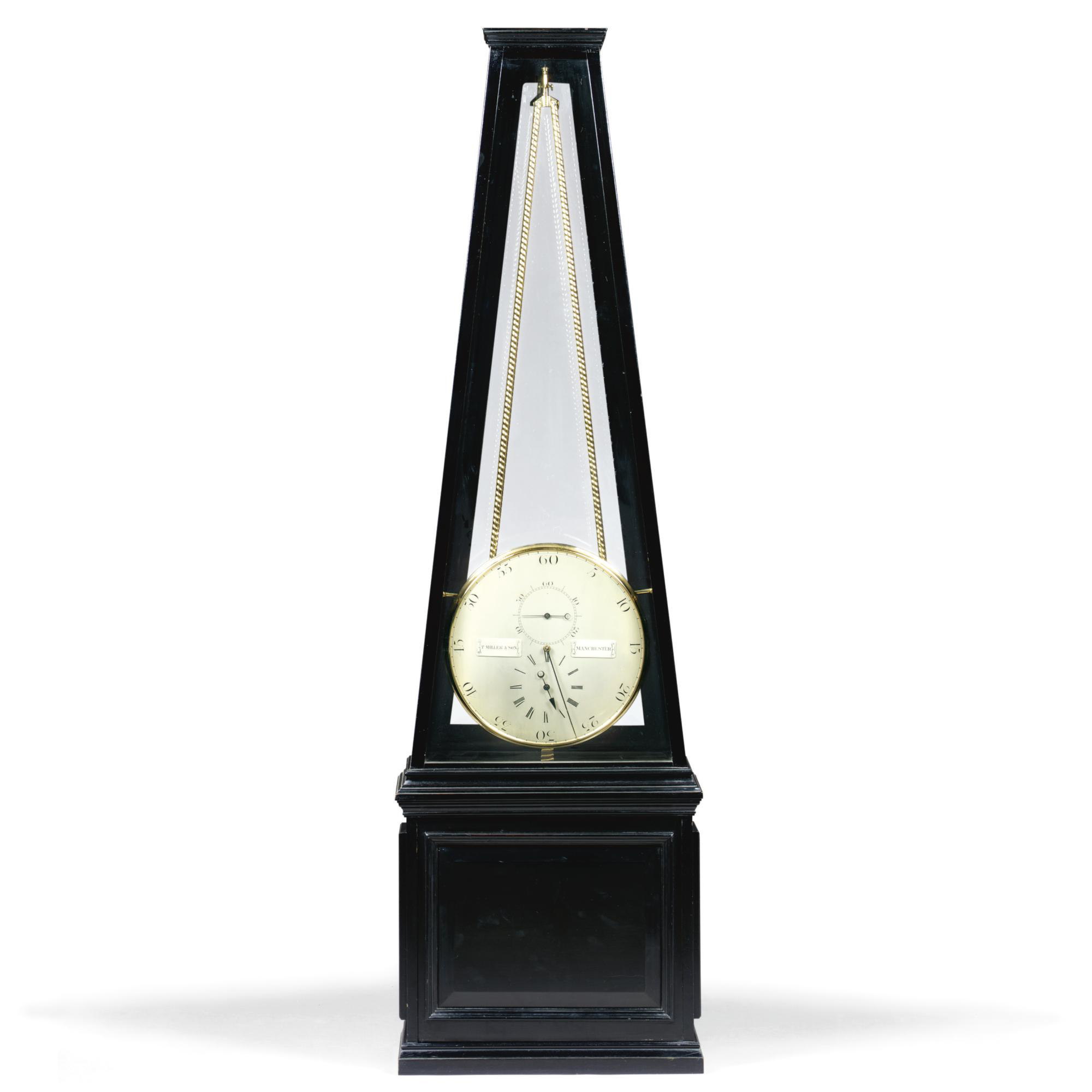 An ebonised longcase timepiece with regulator dial and oscillating movement, English, composite