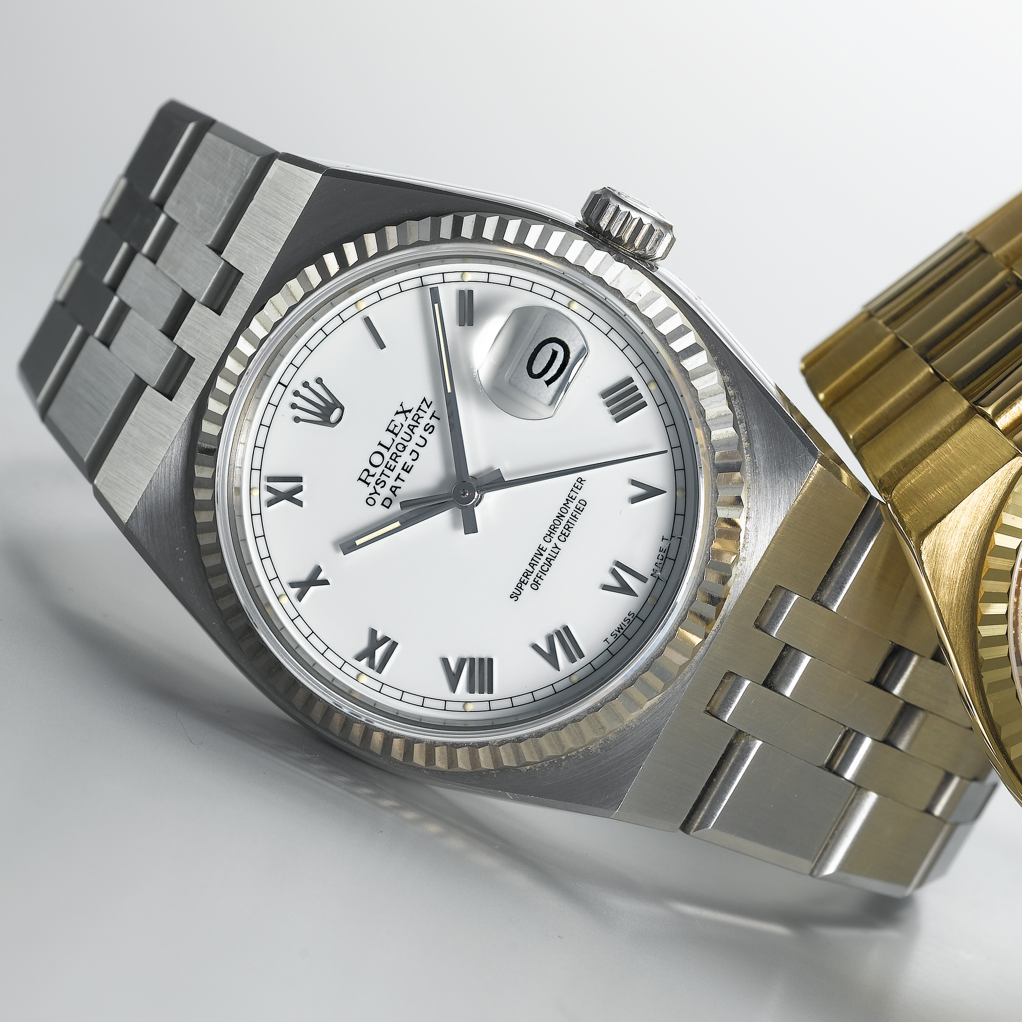ROLEX, A STAINLESS STEEL CENTRE SECONDS BRACELET WATCH WITH DATEDATEJUST, OYSTER QUARTZ, CIRCA 1984, REF. 17014