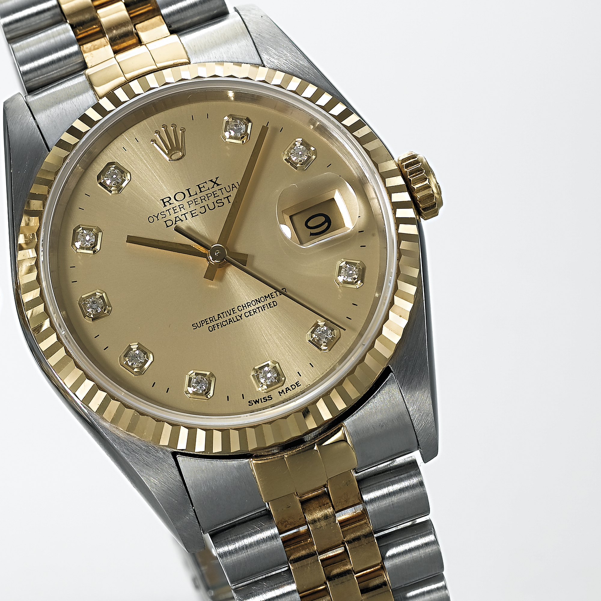 ROLEX, A STAINLESS STEEL, GOLD AND DIAMOND SET AUTOMATIC CENTRE SECONDS WRISTWATCH WITH DATE AND BRACELETDATEJUST, OYSTER PERPETUAL, CIRCA 1996, REF.  16233