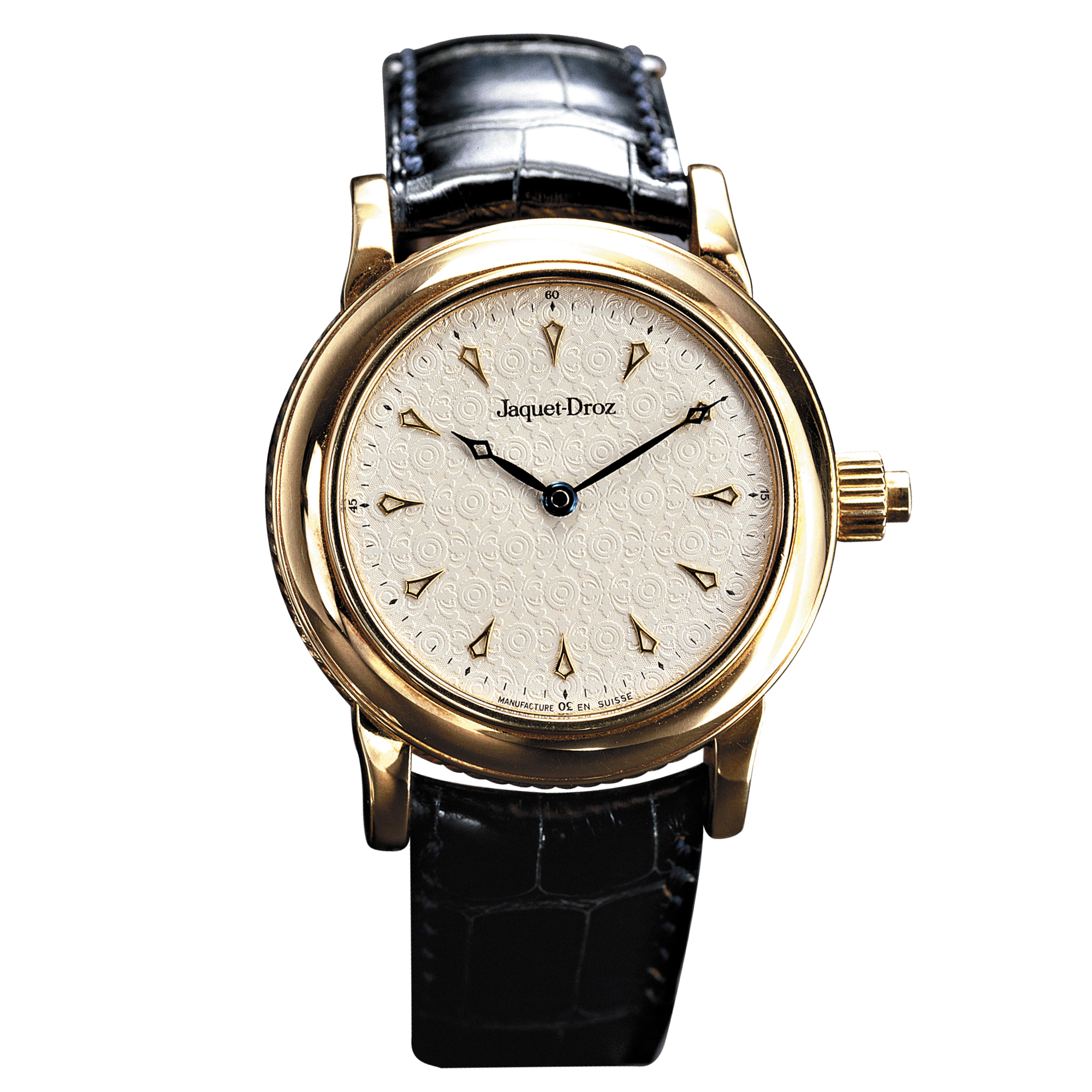 JAQUET-DROZ, A RARE AND UNUSUAL GOLD AUTOMATIC MUSICAL WRISTWATCH WITH ENAMELED EROTIC AUTOMATON SCENECIRCA 1995, NO. 768, REF. 4005