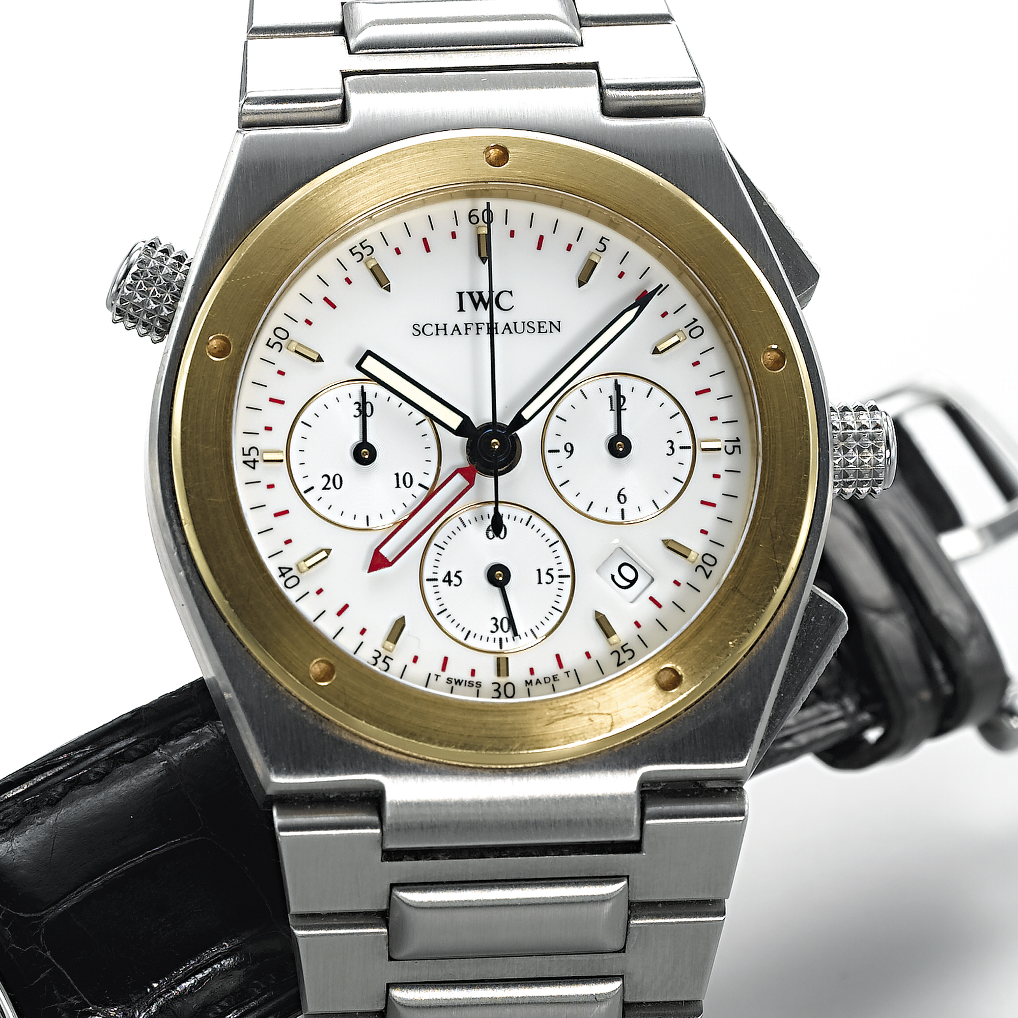 IWC, A STAINLESS STEEL AND GOLD CHRONOGRAPH BRACELET WATCH WITH DATE, REGISTERS AND ALARMINGENIEUR, CIRCA 1996