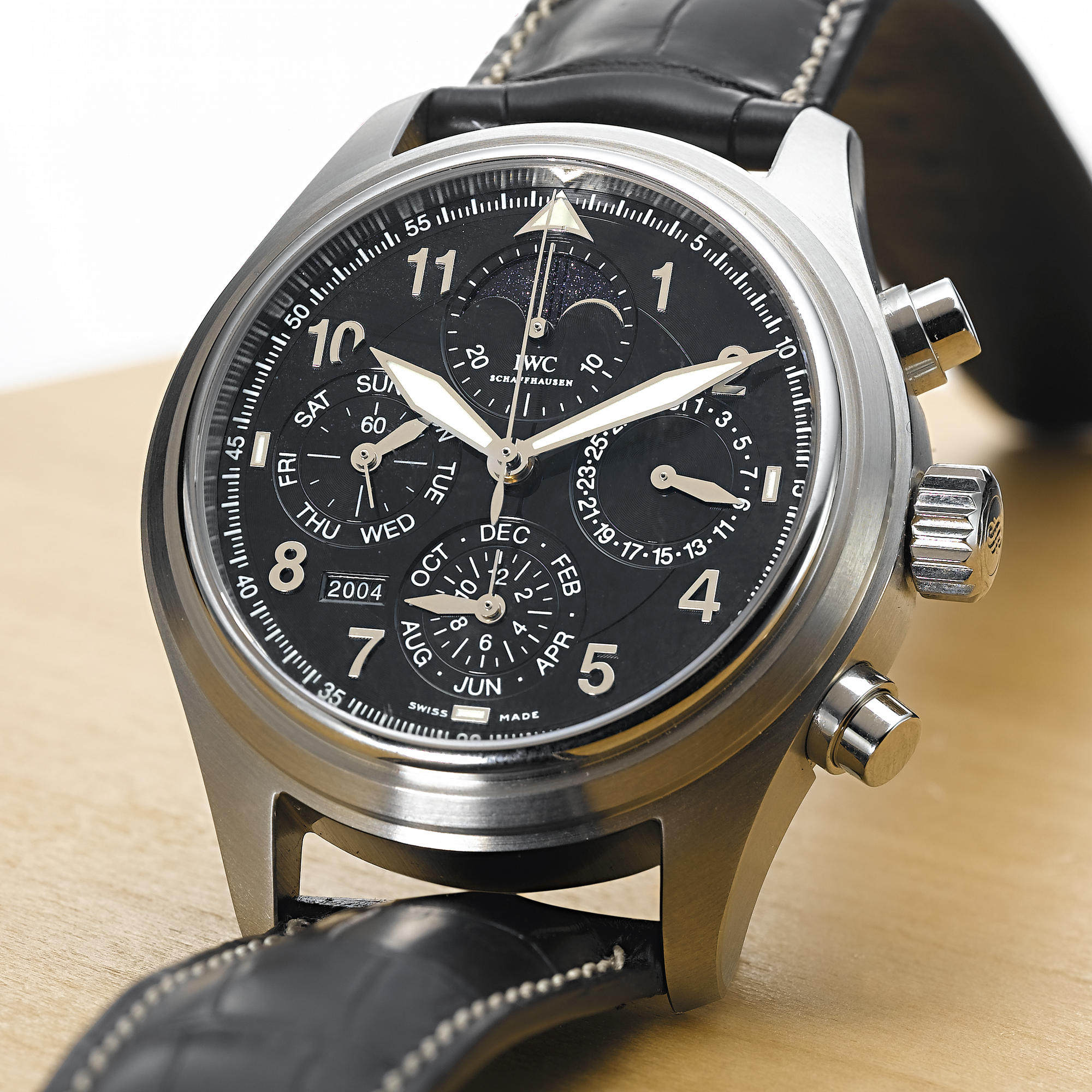 IWC, A LIMITED EDITION STAINLESS STEEL AUTOMATIC PERPETUAL CALENDAR CHRONOGRAPH WRISTWATCH WITH REGISTERS, MOON PHASES AND FOUR-DIGIT YEAR INDICATIONSPITFIRE, CIRCA 2004