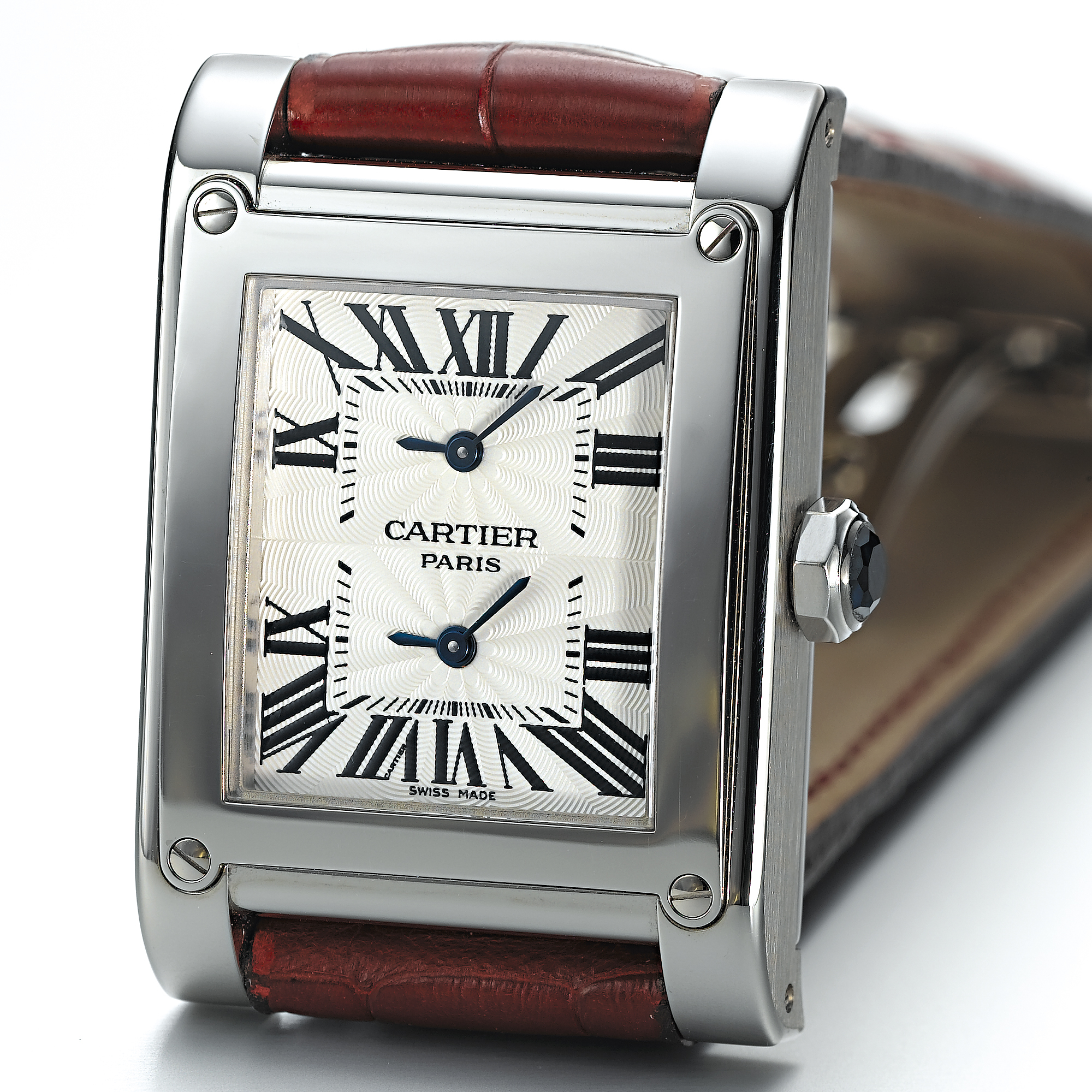 CARTIER, A FINE WHITE GOLD RECTANGULAR DUAL TIME ZONE WRISTWATCHTANK A VIS, CIRCA 2006, NO. 315, REF. 2552