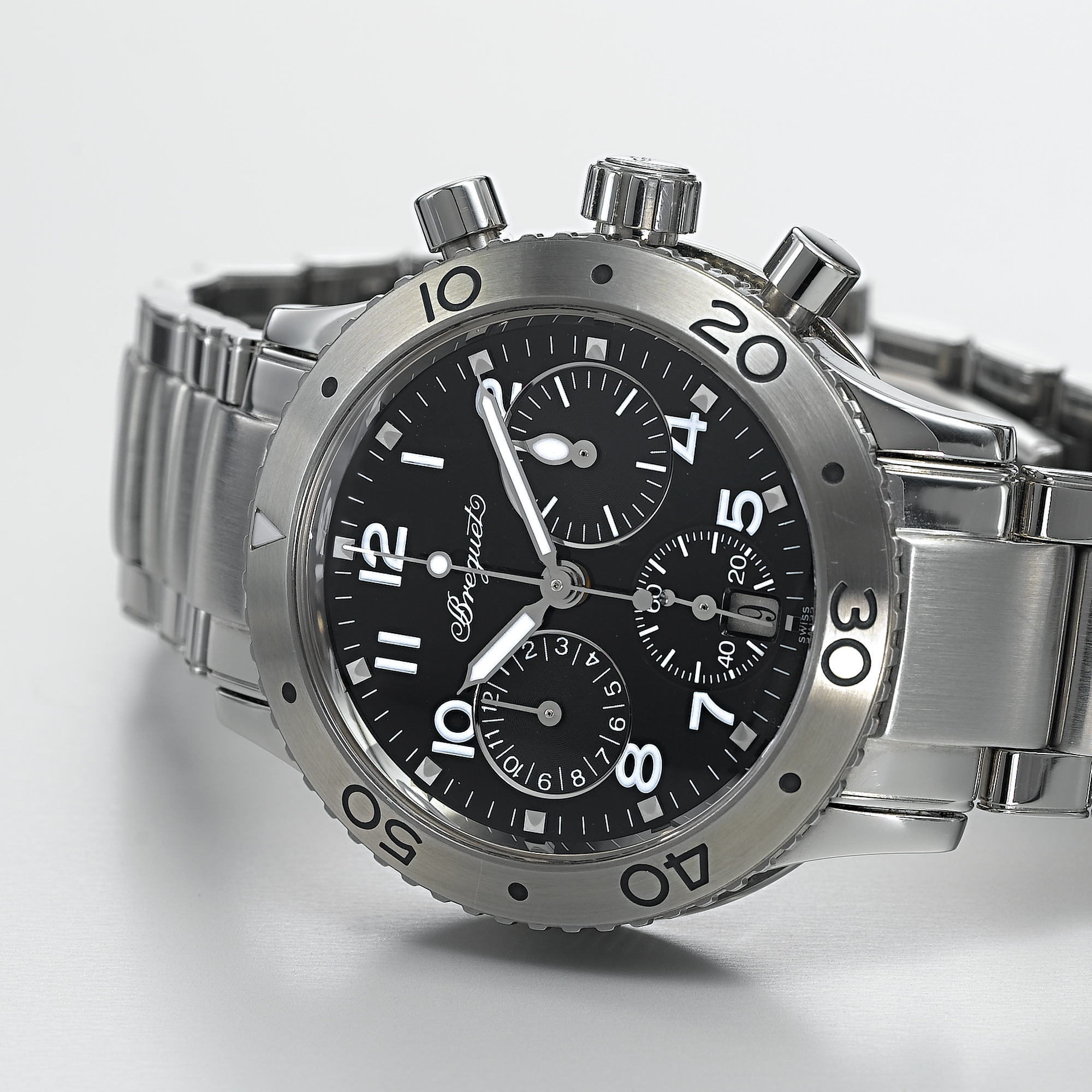 BREGUET, A LADY'S STAINLESS STEEL AUTOMATIC CHRONOGRAPH WRISTWATCH WITH DATE, REGISTERS AND BRACELETTRANSATLANTIQUE, CIRCA 2000, REF. 4820