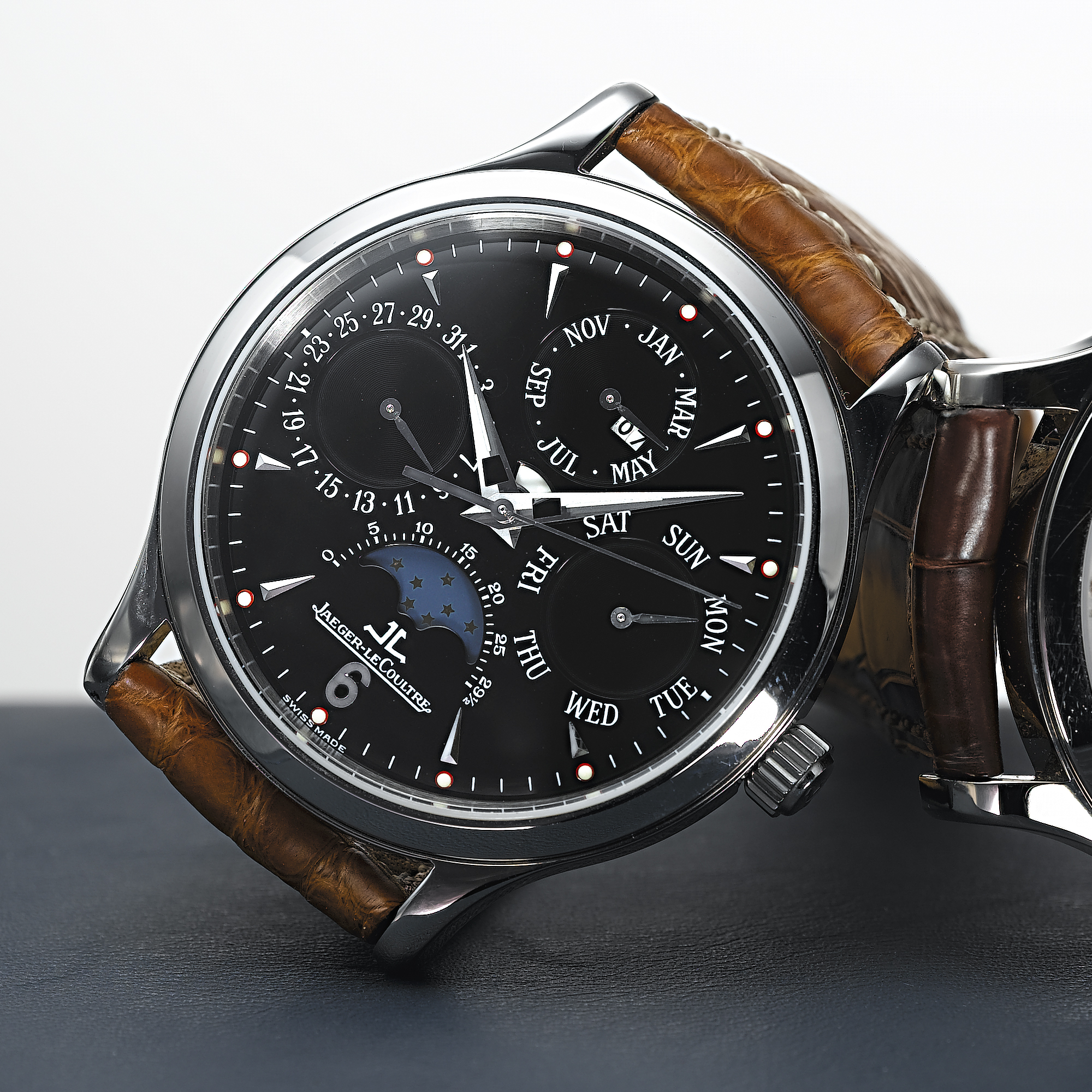 JAEGER LECOULTRE, A STAINLESS STEEL AUTOMATIC CENTRE SECONDS PERPETUAL CALENDAR WRISTWATCH WITH MOON PHASESMASTER CONTROL, CIRCA 2000