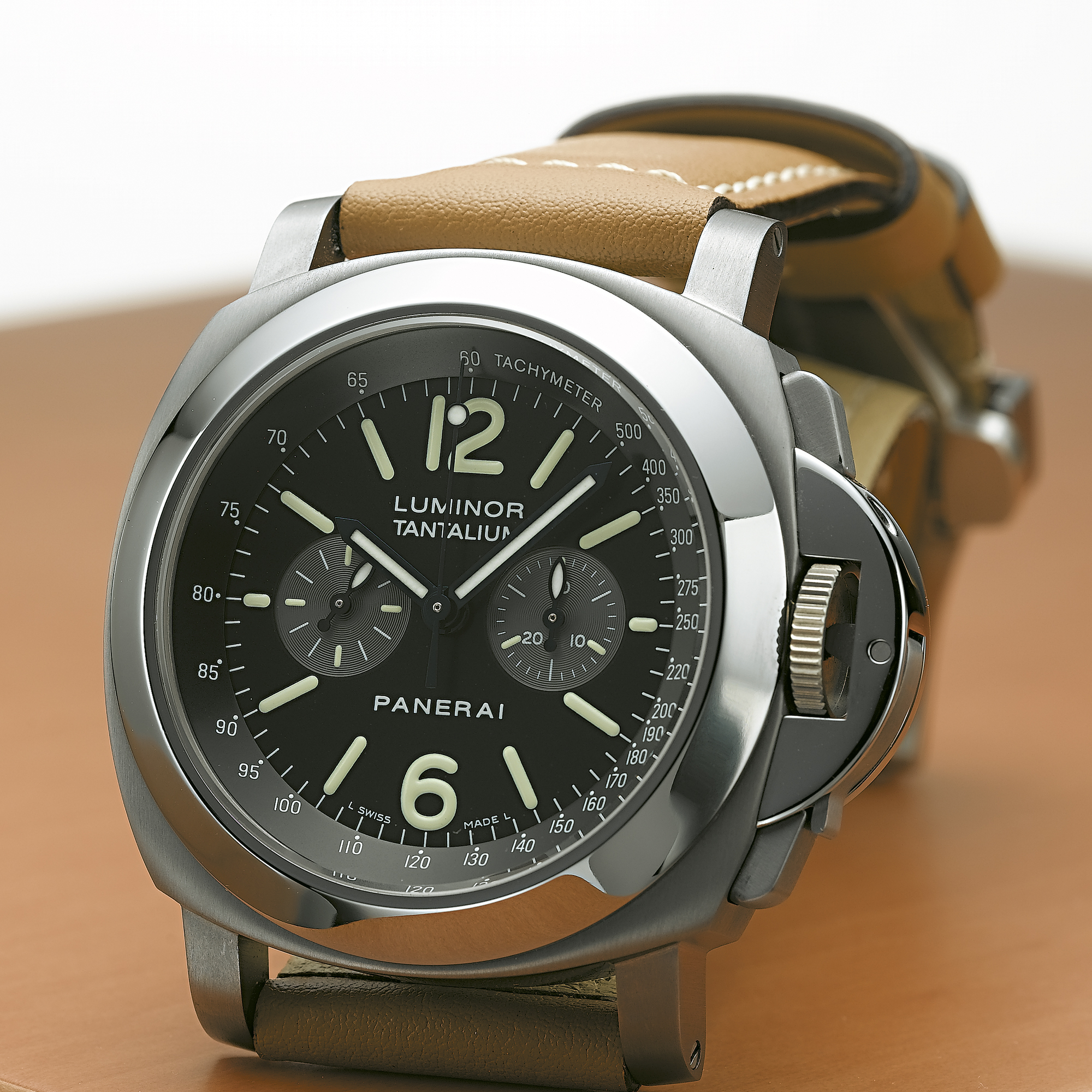 PANERAI, A FINE AND RARE LIMITED EDITION TANTALIUM CUSHION FORM CHRONOGRAPH WRISTWATCH WITH REGISTER LUMINOR TANTALIUM, CIRCA 2005, PAM 00192, 16/300
