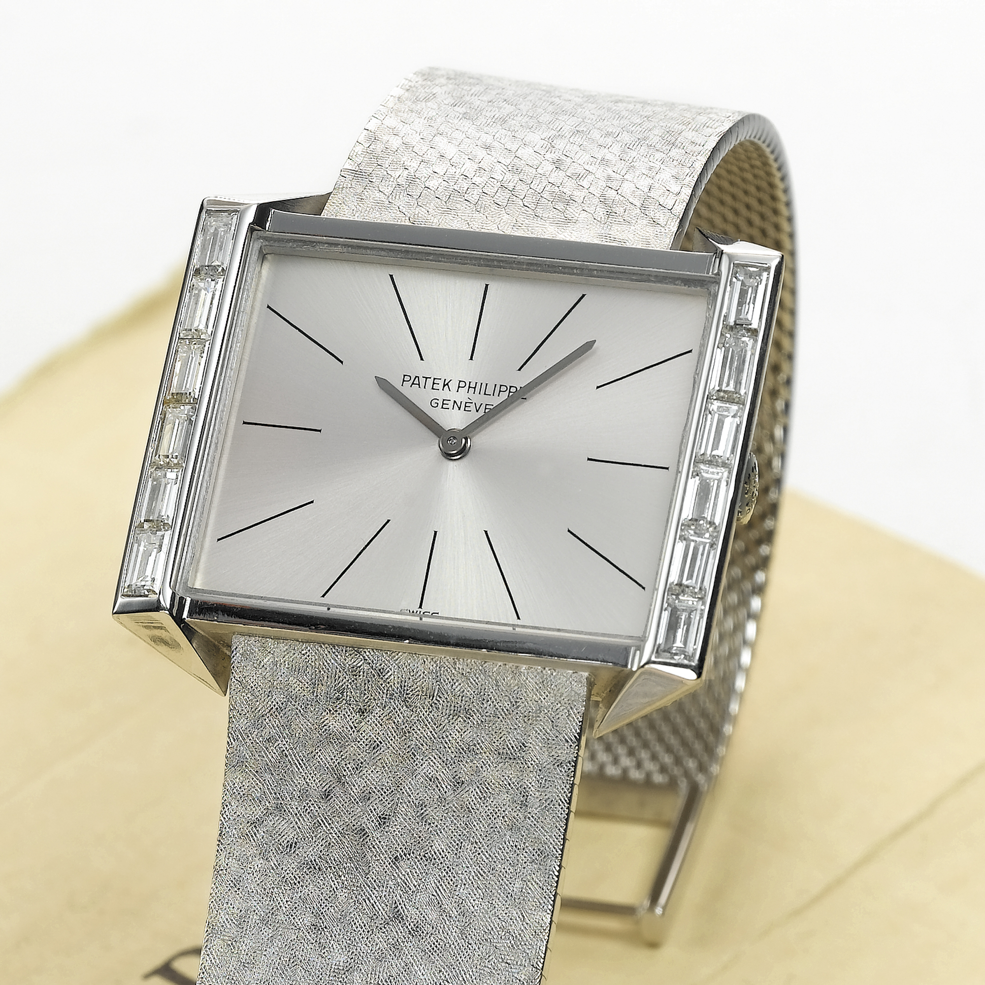 PATEK PHILIPPE, A WHITE GOLD AND DIAMOND SET RECTANGULAR BRACELET WATCHCIRCA 1972, NO. 1.169.228, REF. 3506/2