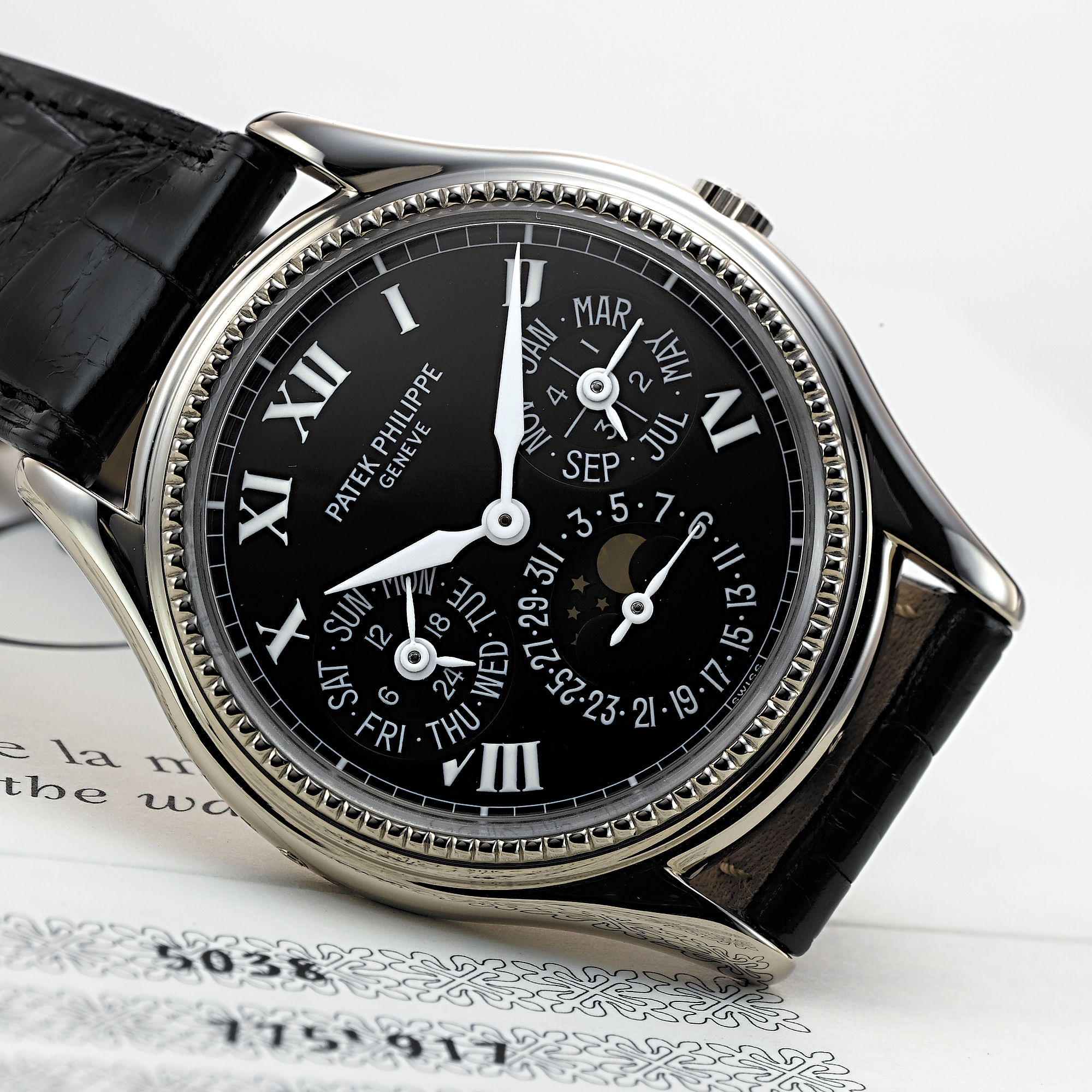 PATEK PHILIPPE, A FINE WHITE GOLD LIMITED EDITION AUTOMATIC PERPETUAL CALENDAR WRISTWATCH WITH MOON PHASESCIRCA 1997, NO. 775.917, REF. 5038  