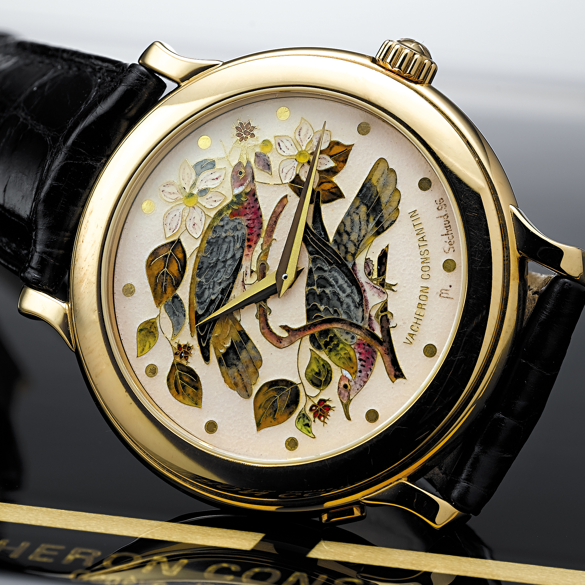 VACHERON CONSTATIN, A RARE LIMITED EDITION GOLD AUTOMATIC WRISTWATCH WITH CLOISONNE ENAMEL DIAL AND HINGED CASE BACKCIRCA 1999, NO. 676511, REF. 43060 