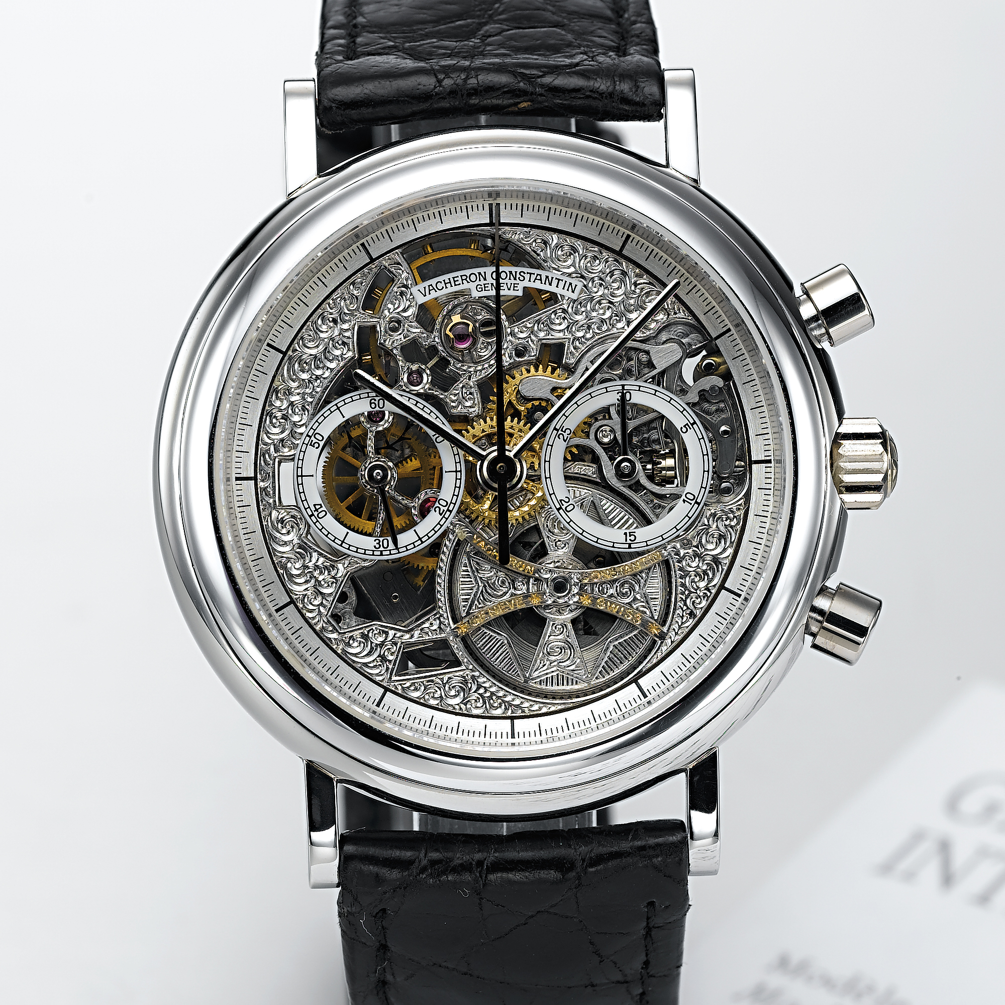 VACHERON CONSTANTIN, A FINE SKELETONISED PLATINUM CHRONOGRAPH WRISTWATCH WITH REGISTERCIRCA 1995, NO. 628494, REF. 47100