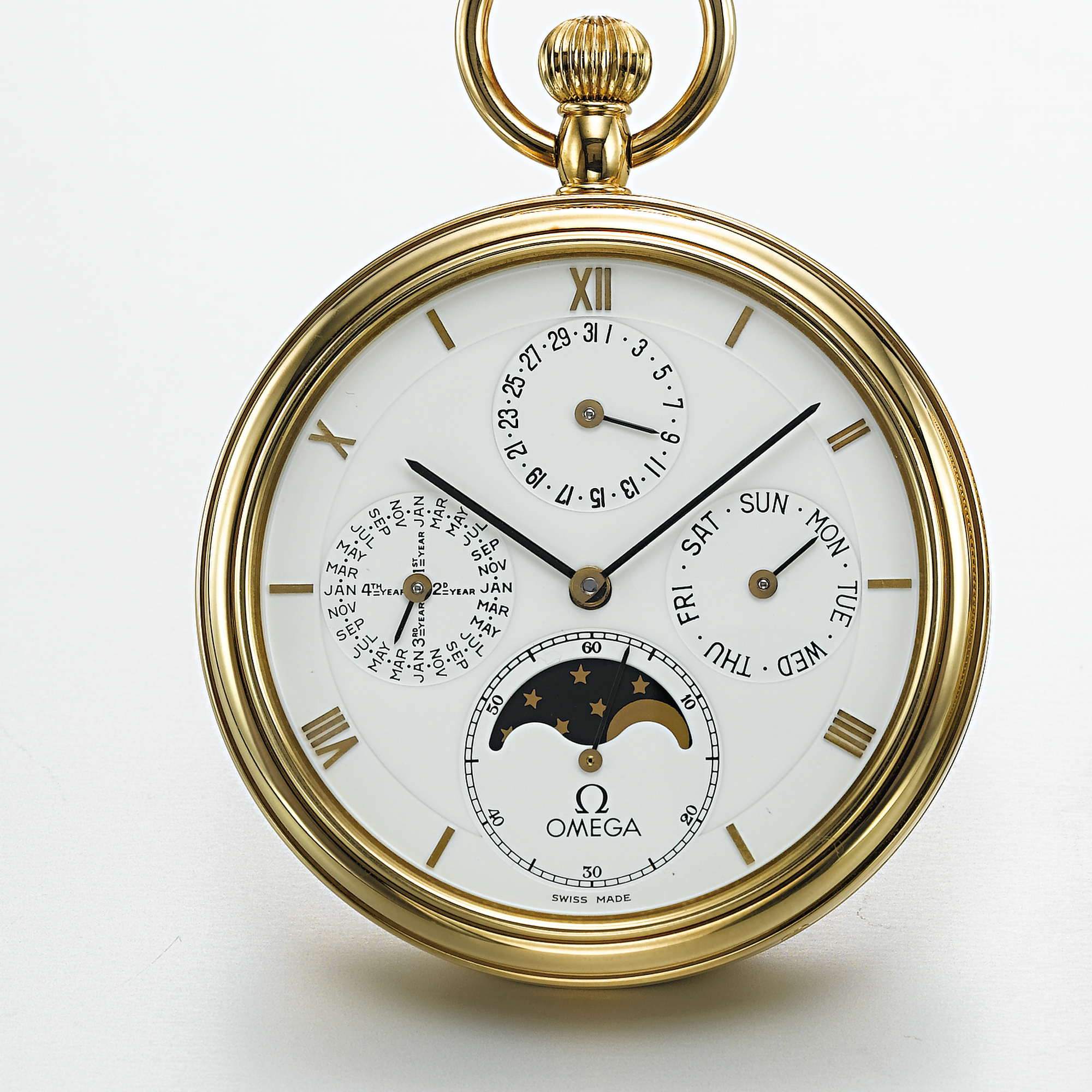OMEGA, A GOLD PERPETUAL CALENDAR OPEN-FACED WATCH WITH MOON PHASES AND LEAP YEAR INDICATIONCIRCA 1995