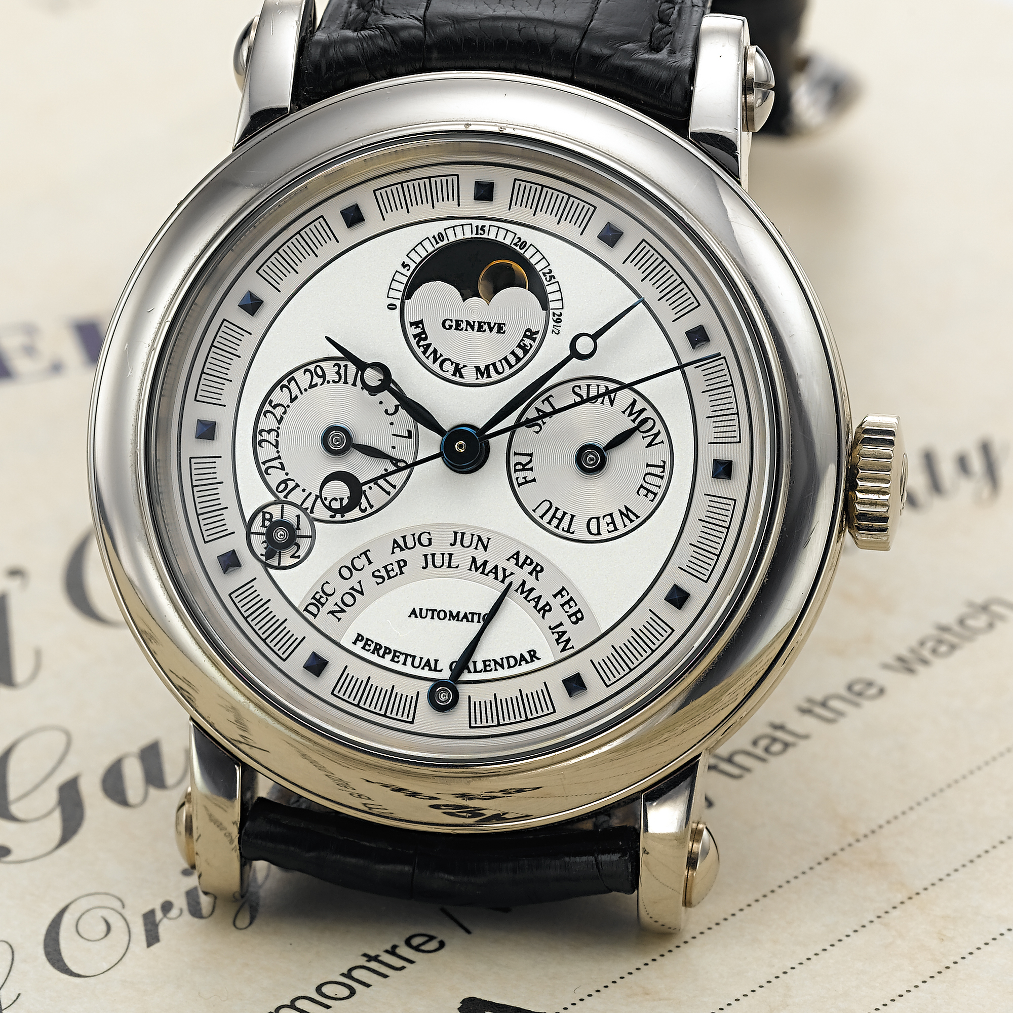 FRANCK MULLER, A WHITE GOLD AUTOMATIC CENTRE SECONDS PERPETUAL CALENDAR WRISTWATCH  WITH RETROGRADE MONTHCIRCA 2003, 7000 QPA, NO. 28