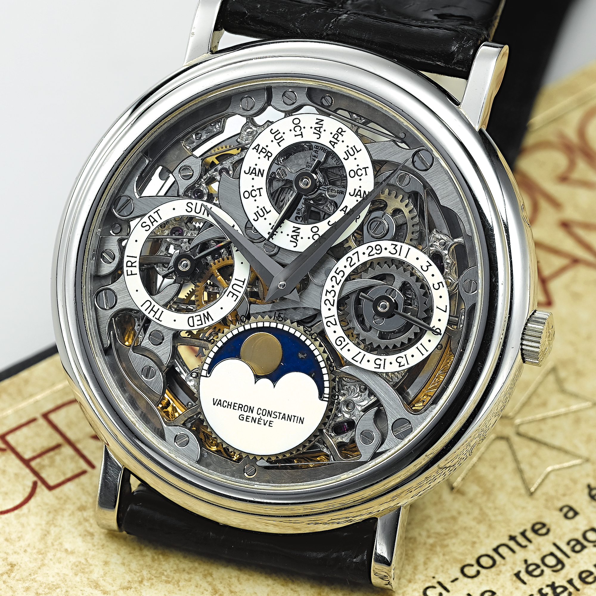 VACHERON CONSTANTIN, A FINE PLATINUM AUTOMATIC SKELETONIZED PERPETUAL CALENDAR WRISTWATCH WITH MOON PHASESQUANTIEME PERPETUEL SQUELETTE, CIRCA 1995, NO. 742176, REF. 43032