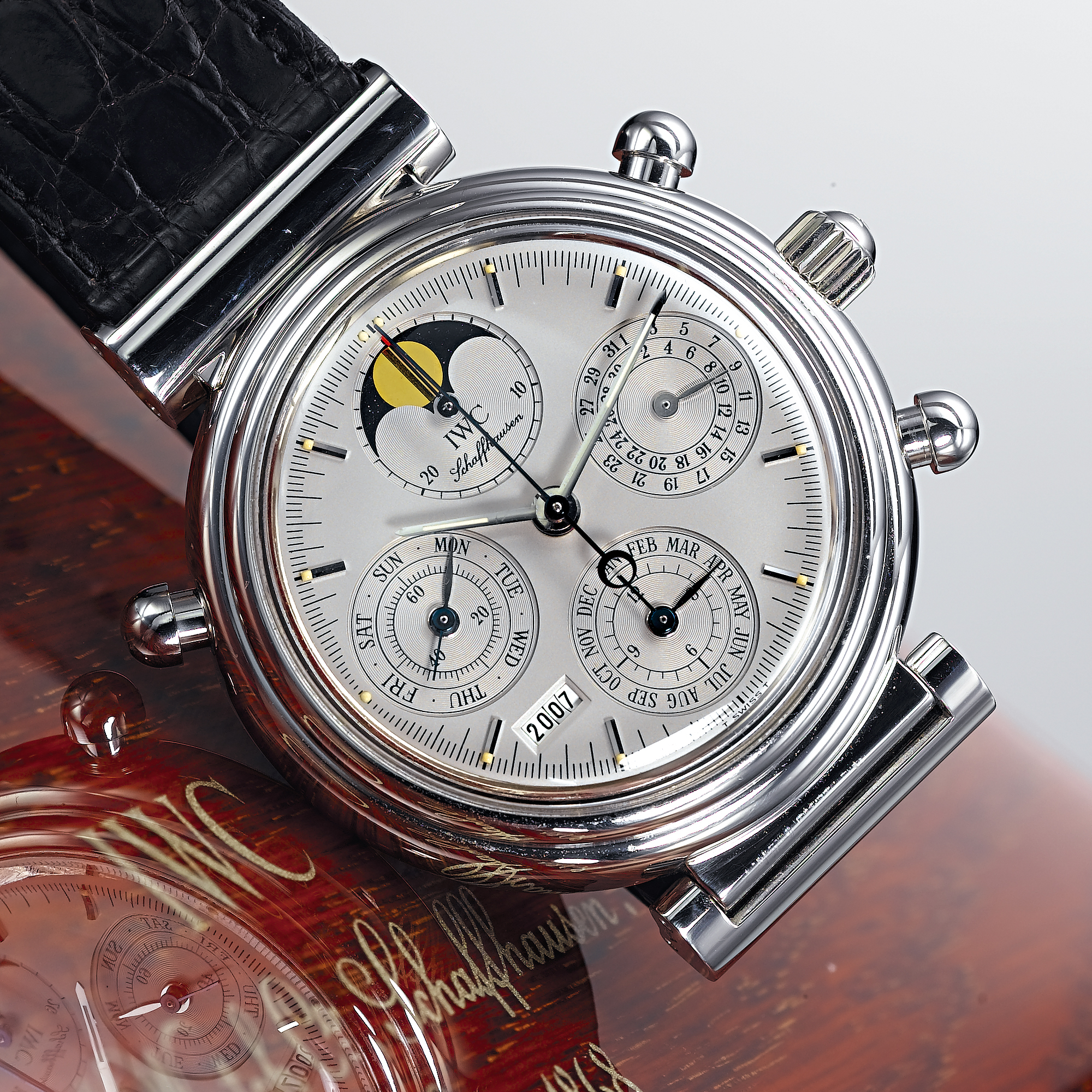 IWC, A FINE LIMITED EDITION PLATINUM AUTOMATIC PERPETUAL CALENDAR SPLIT-SECOND CHRONOGRAPH WRISTWATCH WITH MOON PHASESDA VINCI JUBILEE RATTRAPANTE, CIRCA 1996, 263/500