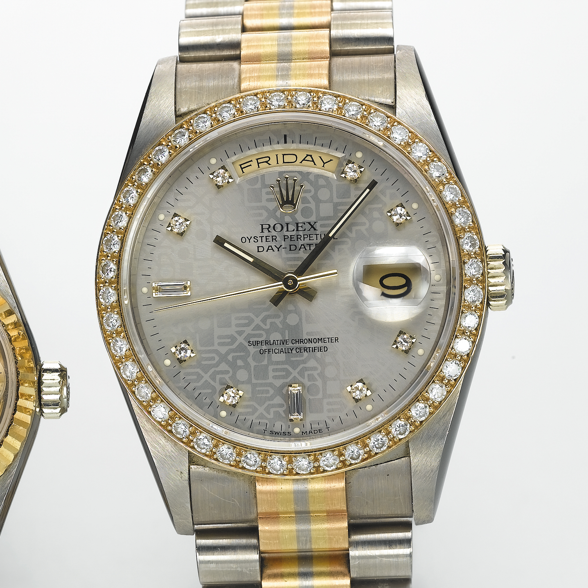 ROLEX, A THREE-COLOUR GOLD AND DIAMOND SET AUTOMATIC CENTRE SECONDS WRISTWATCH WITH DAY, DATE AND BRACELETDAY-DATE, OYSTER PERPETUAL, CIRCA 1988, REF. 18349