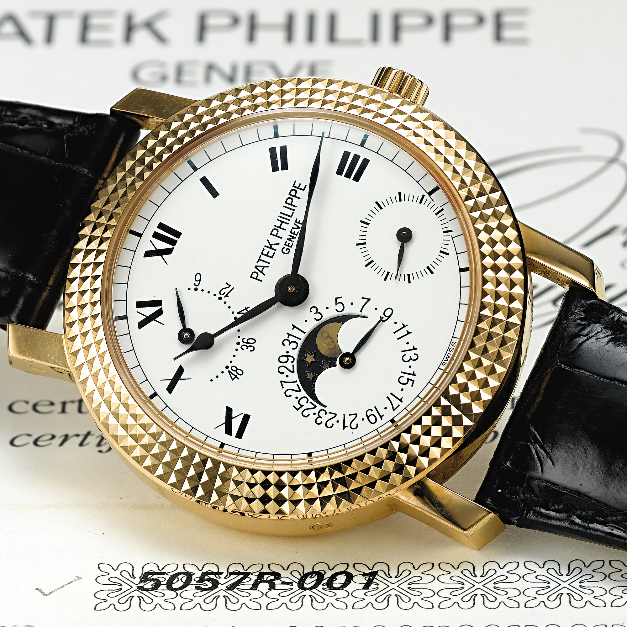 PATEK PHILIPPE, A FINE AND RARE PINK GOLD LIMITED EDITION AUTOMATIC WRISTWATCH WITH MOON PHASES AND POWER RESERVECIRCA 1997, NO. 3.109.061, REF. 5057